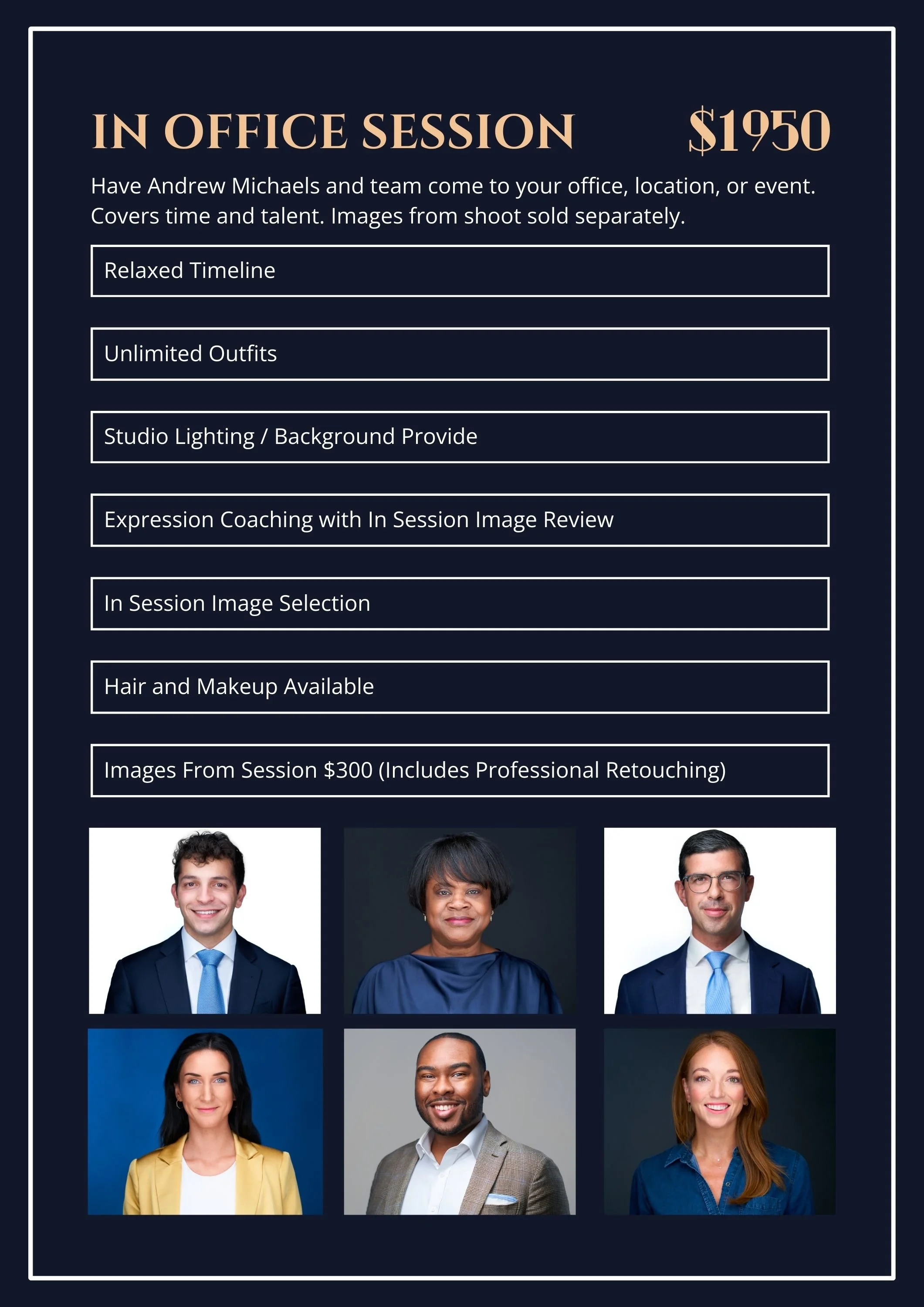 Flyer for in-office professional photography session priced at $1950, featuring six diverse portrait photos of men and women in formal and business casual attire.