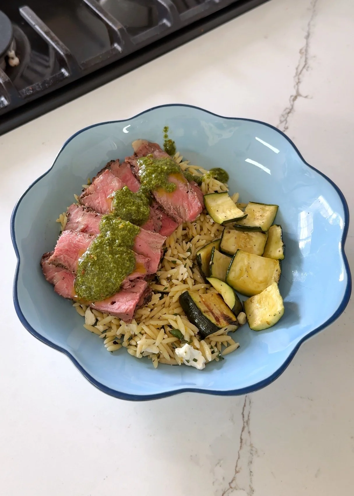 Grilled Steak &amp; Spring Veg With Lemon Herb Orzo