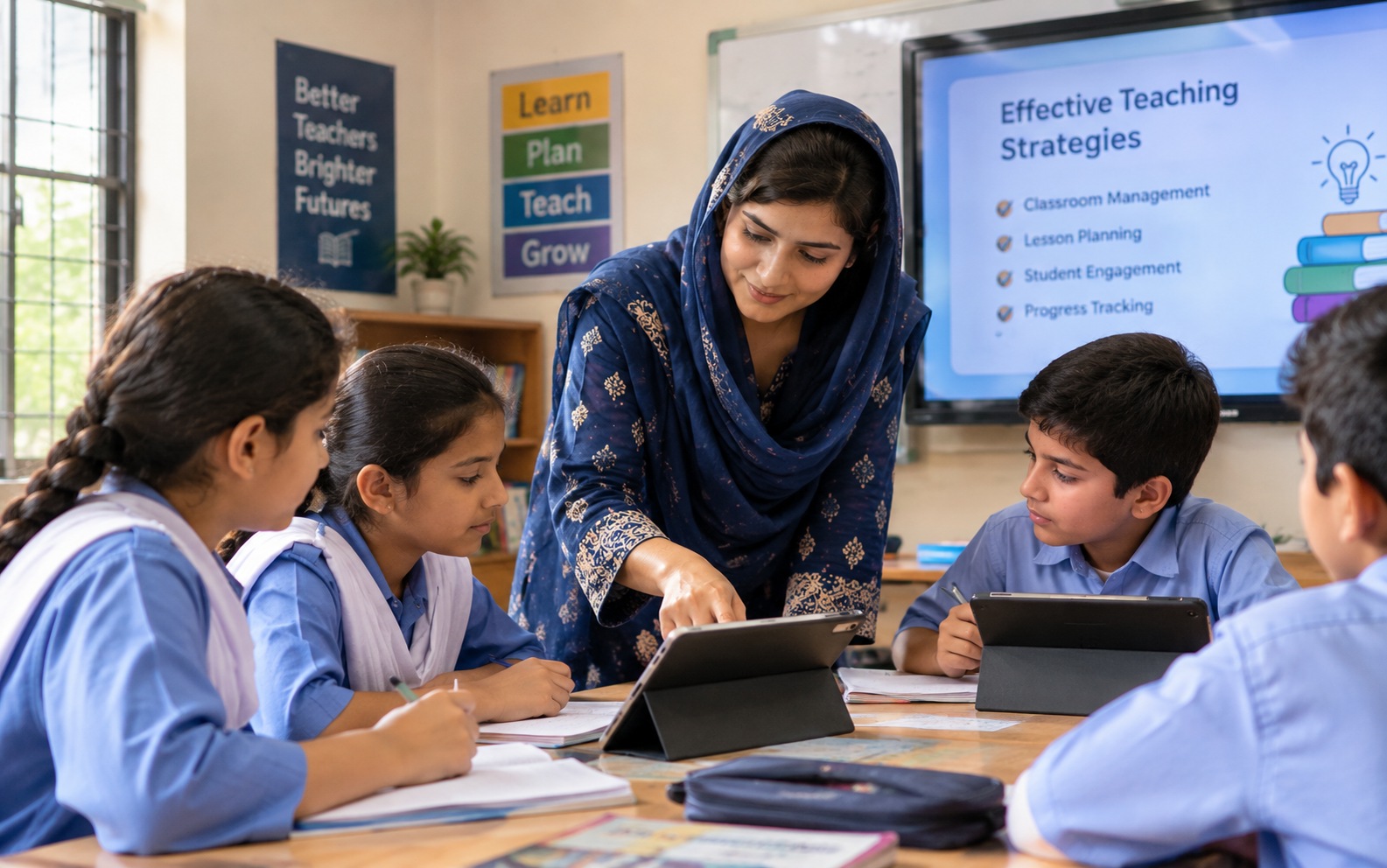 Pakistani teacher helping students with a lesson as part of effective teacher training and classroom development