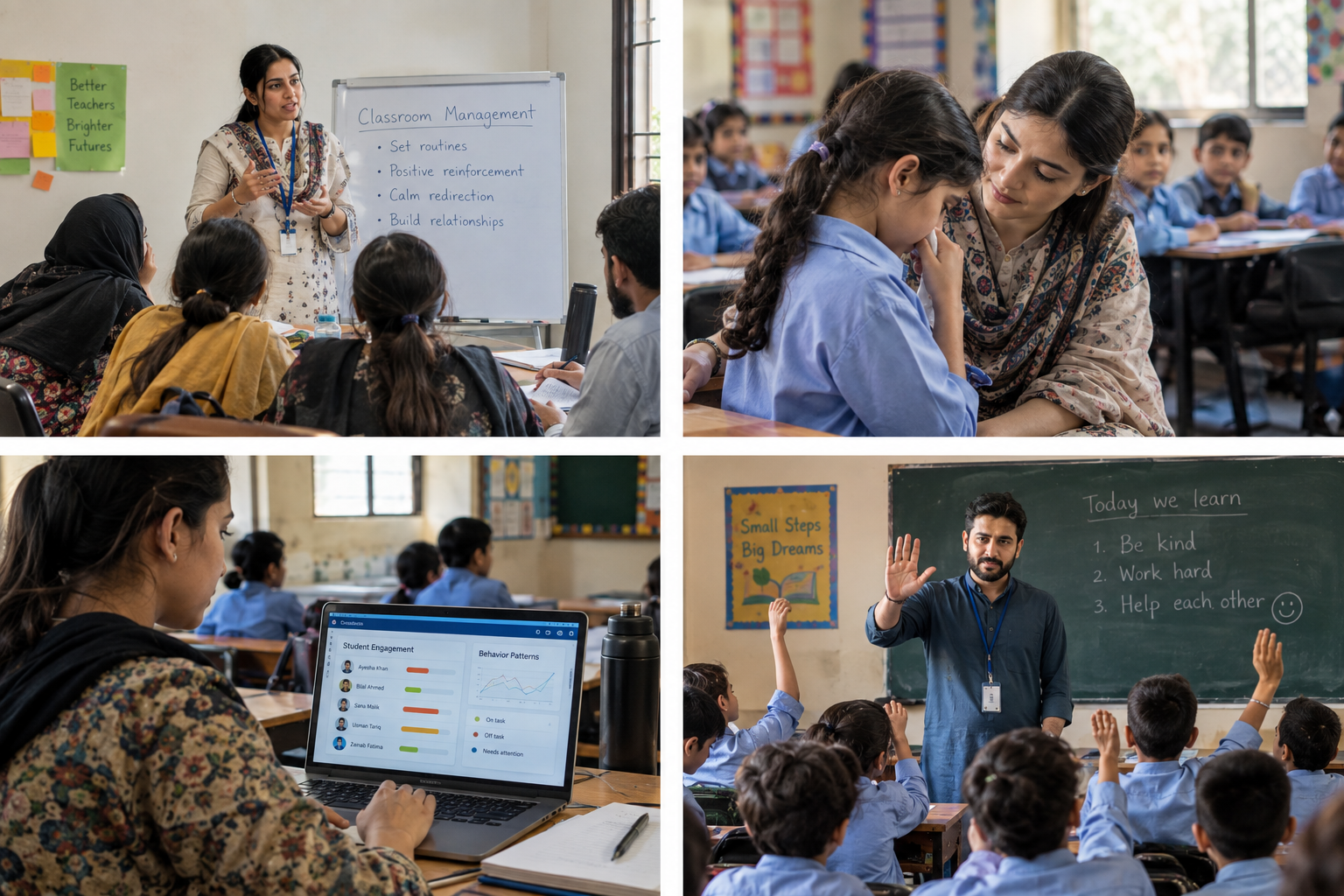 Teacher trainer conducting a classroom management workshop with educators learning practical teaching strategies