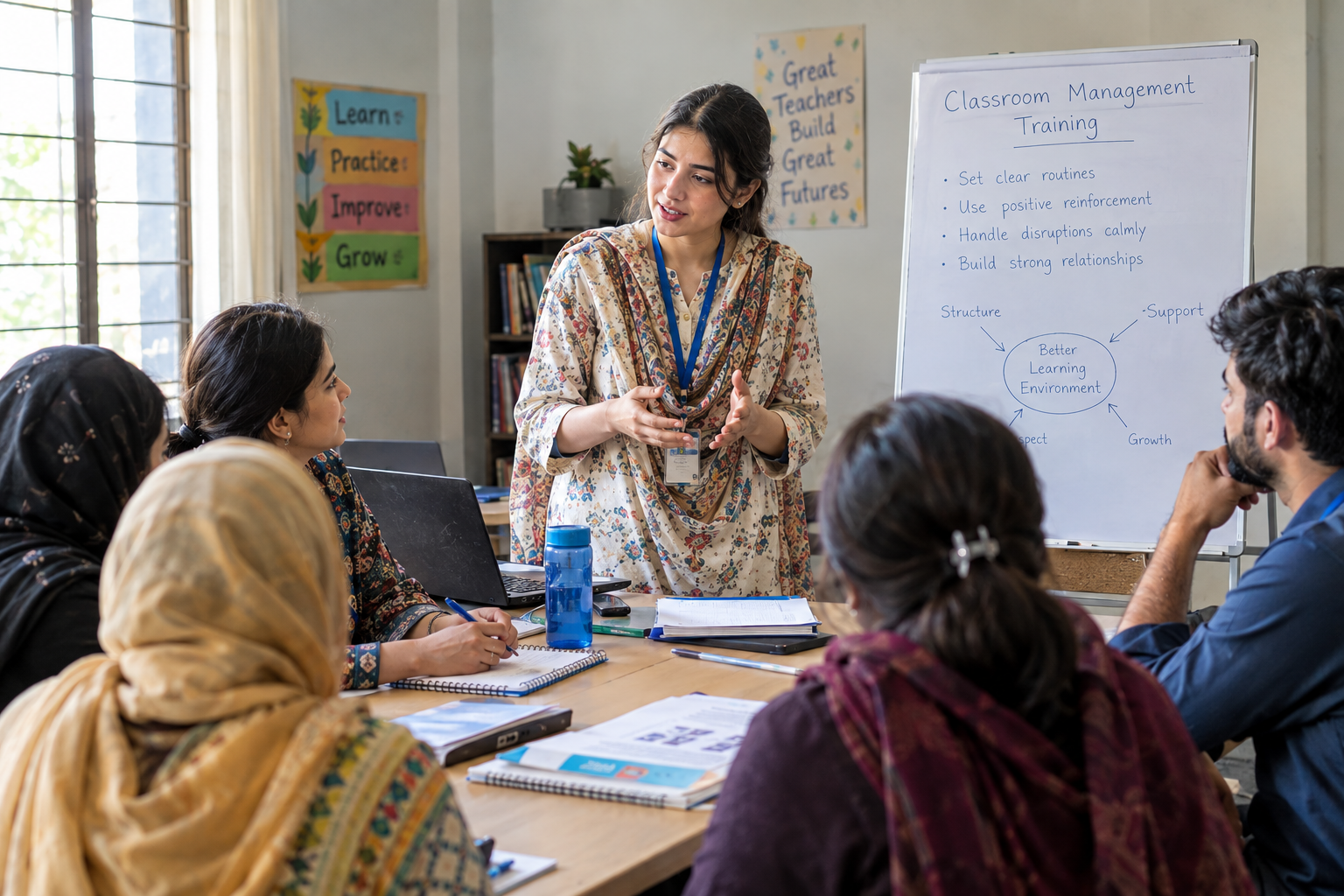 Educators participating in a classroom management training workshop focused on practical teaching strategies