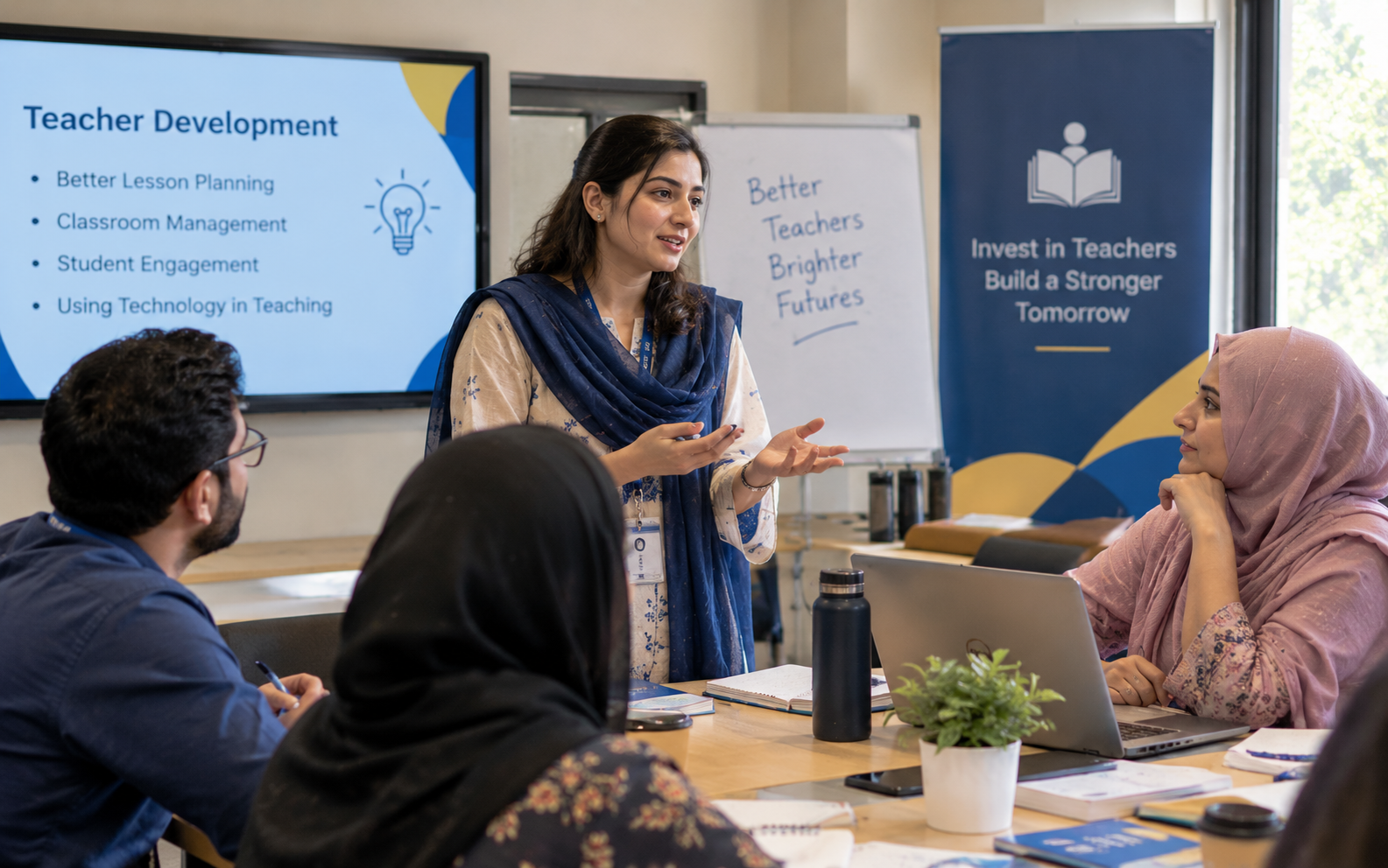 Pakistani educators participating in a professional development workshop focused on teacher training, lesson planning, and classroom management