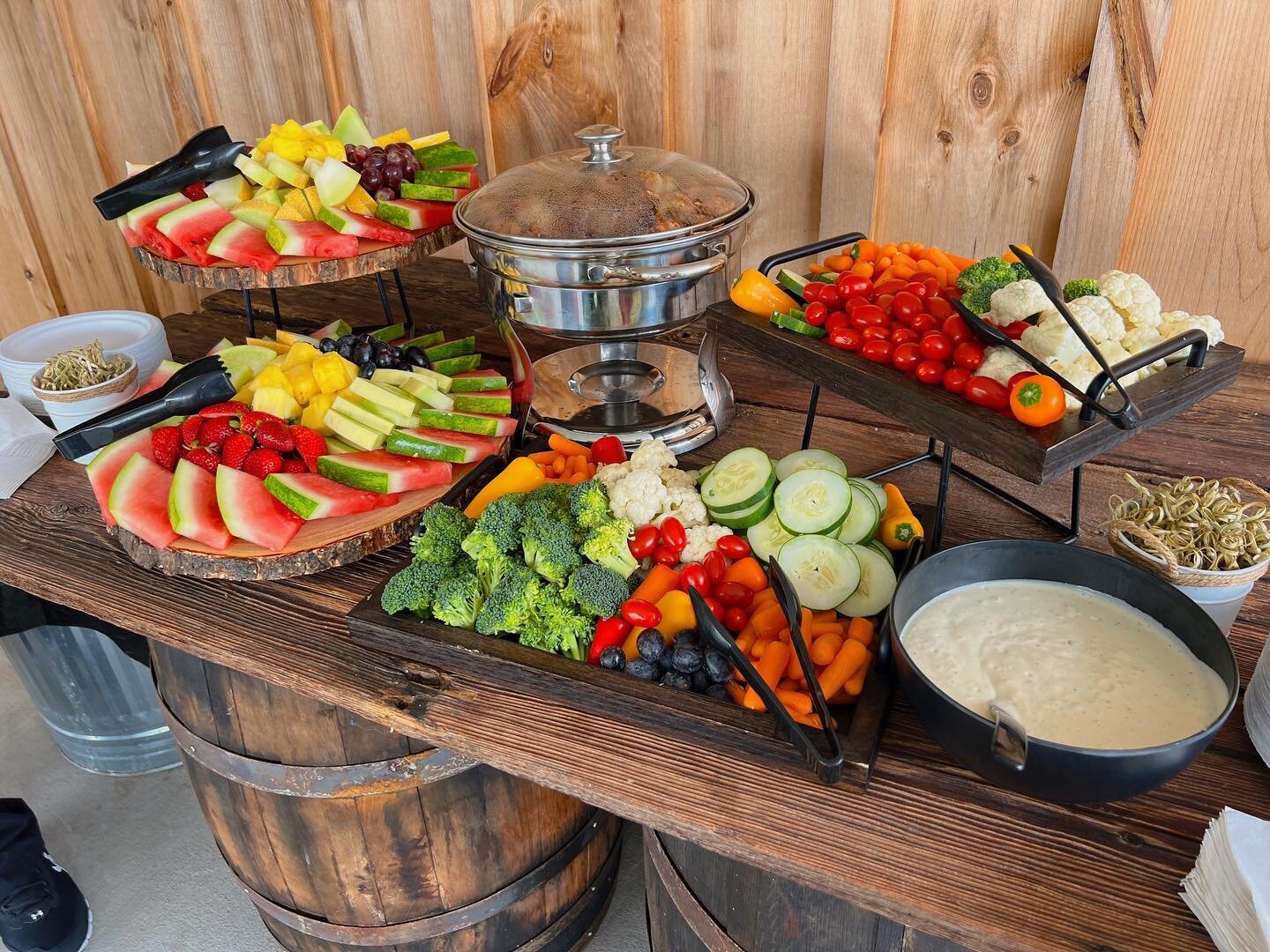 Tonight&rsquo;s wedding appetizer display at Frieden Farms. Bacon bombs, assorted seasonal fruits and veggies.