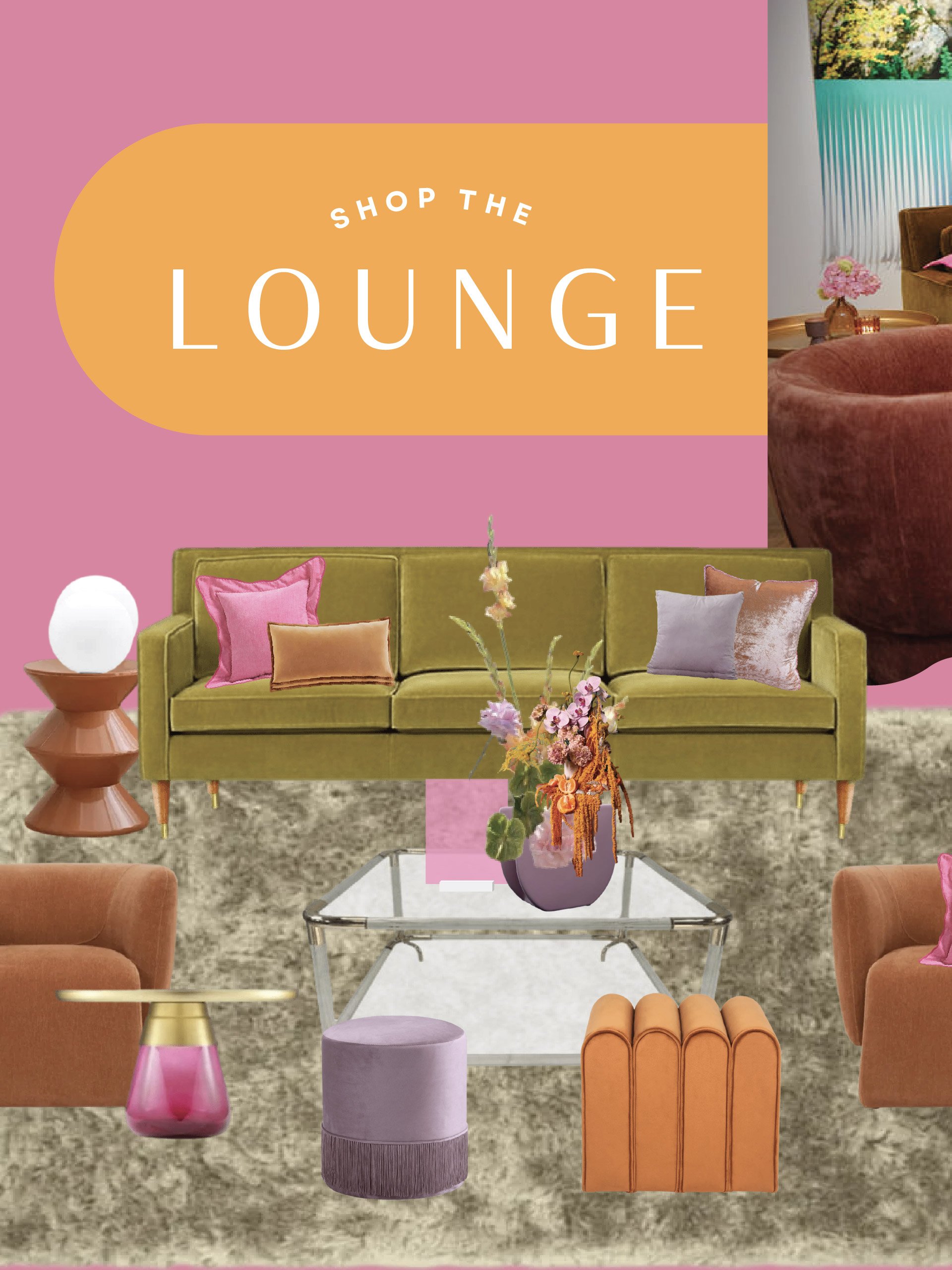 Vintage-style lounge with velvet green curtains, antique framed artwork, crystal chandelier, plush sofas with pillows, globe, vintage suitcases, and side tables.