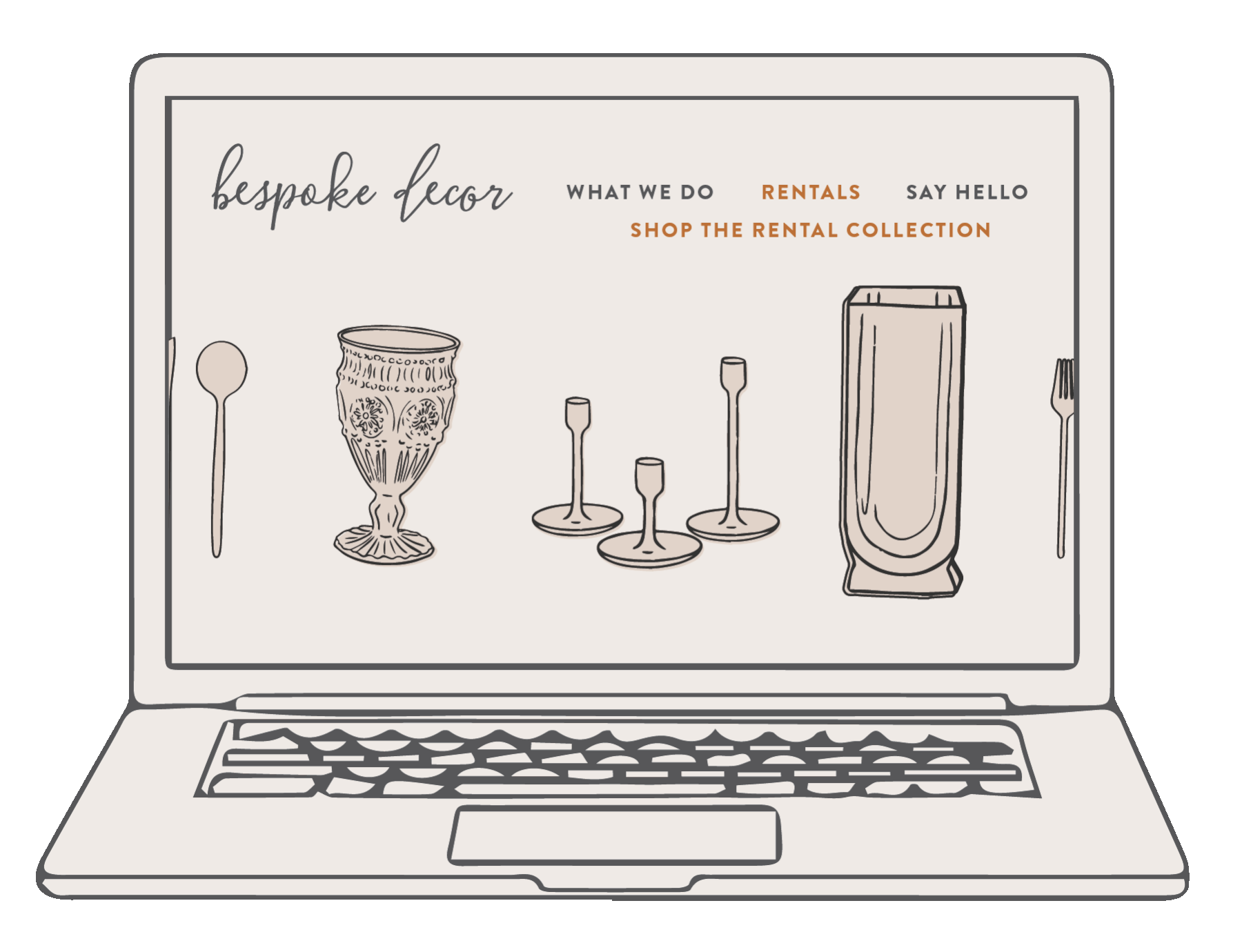 Illustration of a laptop screen showing a website for Bespoke Decor with menu options and a display of various candle holders and decor items.
