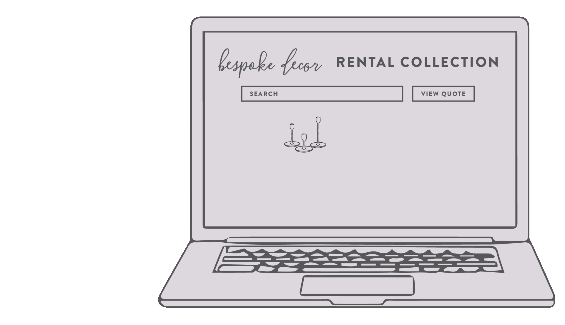 Outline drawing of a laptop displaying a website for 'bespoke decor' rental collection, with search and quote buttons, and a small illustration of three candles.