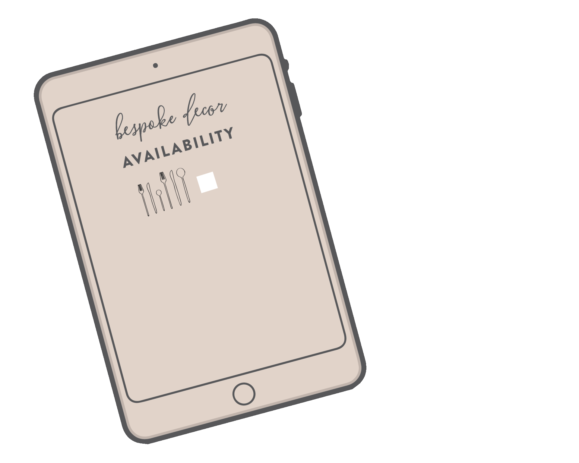 Smartphone screen displaying a business for bespoke decor with the word 'Availability' and icons of cutlery.