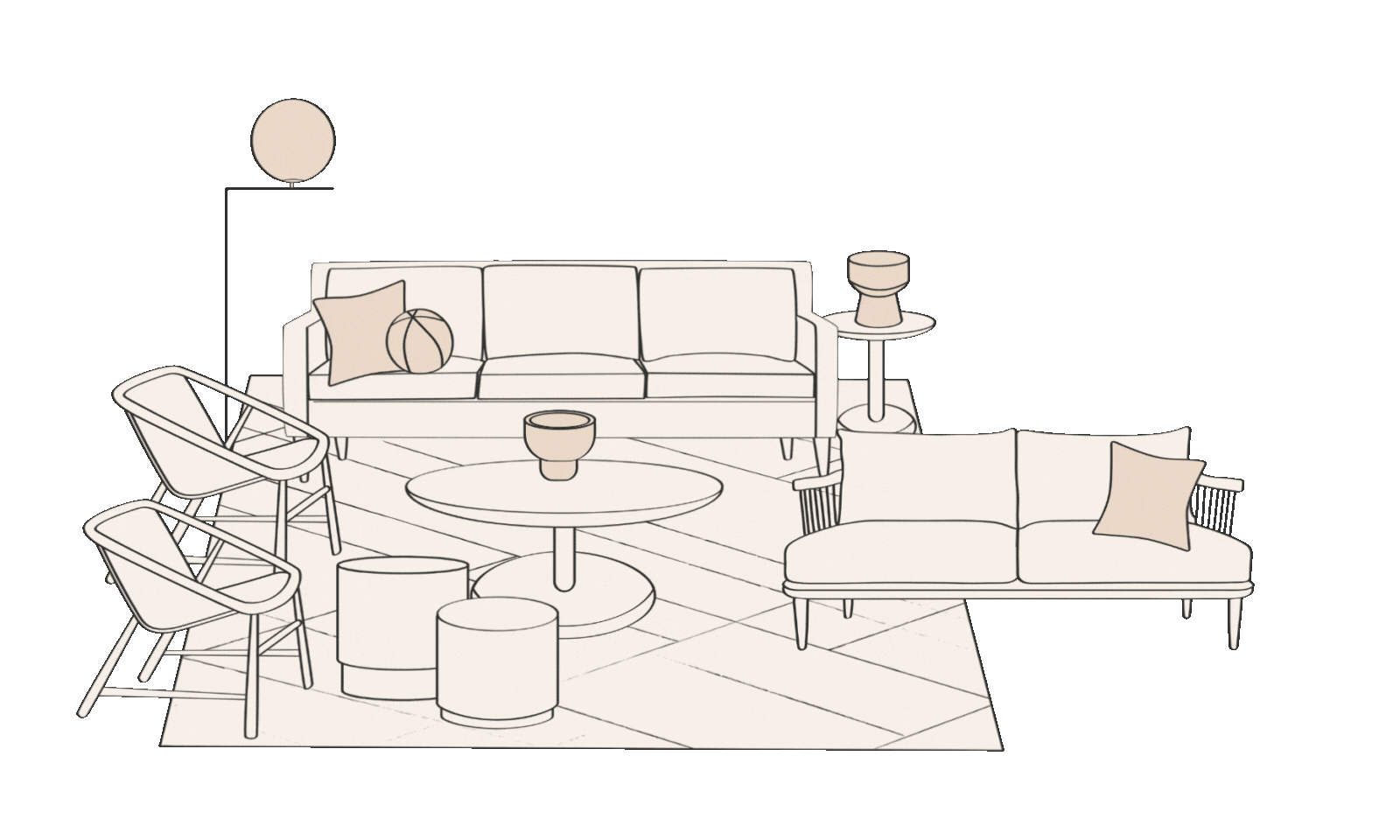 Line drawing of a living room with two sofas, two armchairs, side tables, a coffee table, a lamp, and decorative pillows and objects.