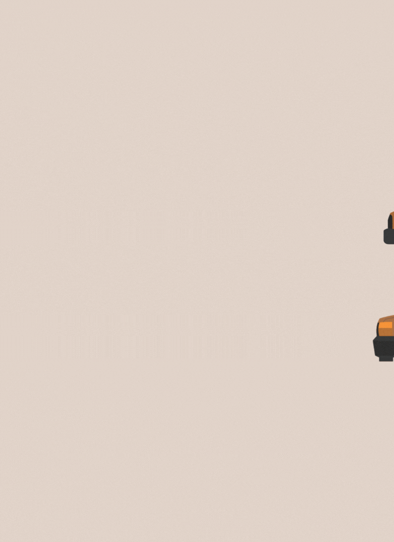 Animated image of two cars, one black and one orange, driving on the road with a beige background.