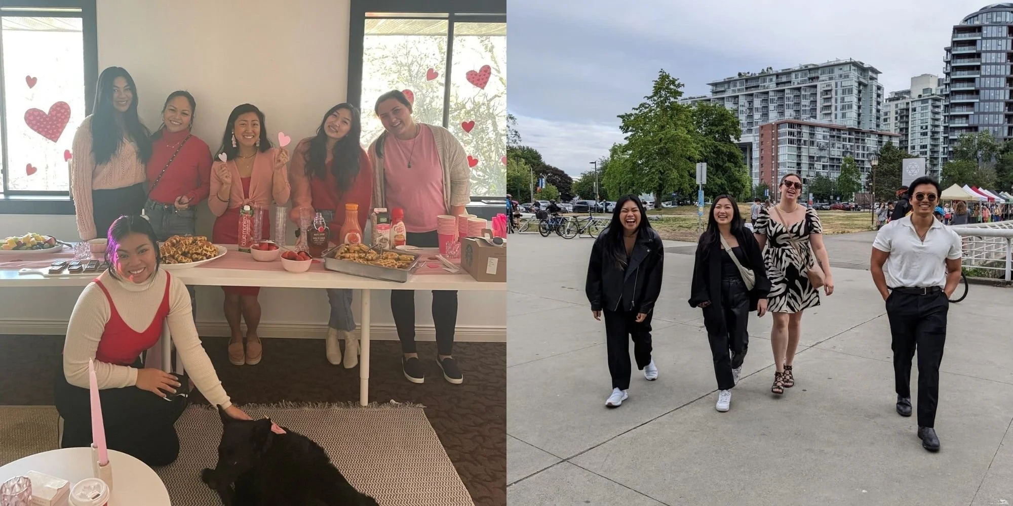 Group of women enjoying a gathering indoors with food and drinks, and a group of women walking outdoors in a city park.