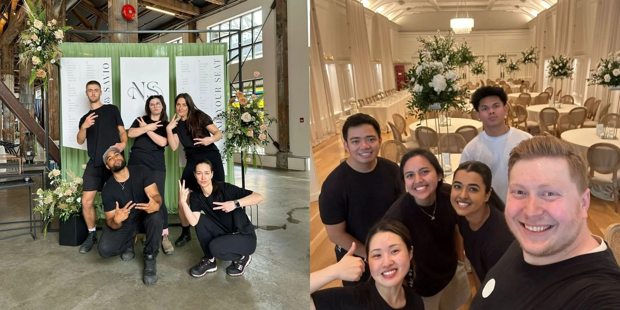 Group of friends posing for photos at a wedding celebration, with one group in a decorative indoor venue and another indoors at a banquet hall with floral centerpieces.