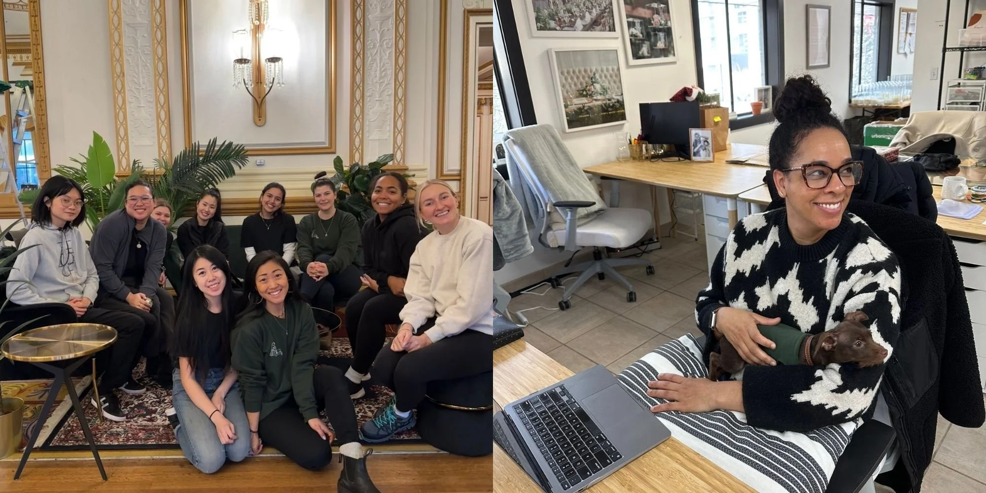 A group of women gathered in a luxurious room, smiling and sitting on a green sofa with large potted plants and ornate wall decor behind them, and a woman sitting at a wooden table with a dog on her lap and a laptop in front of her in a casual office