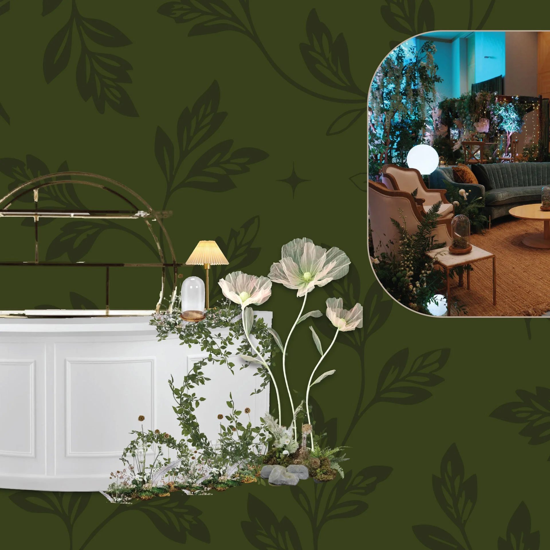 A vintage styled room with a book titled 'The History of Bespoke' Volume III, surrounded by pink tulips, a lit red candle, and antique decor including a clock, glass bottles, books, and a framed mirror, all set against dark green curtains.