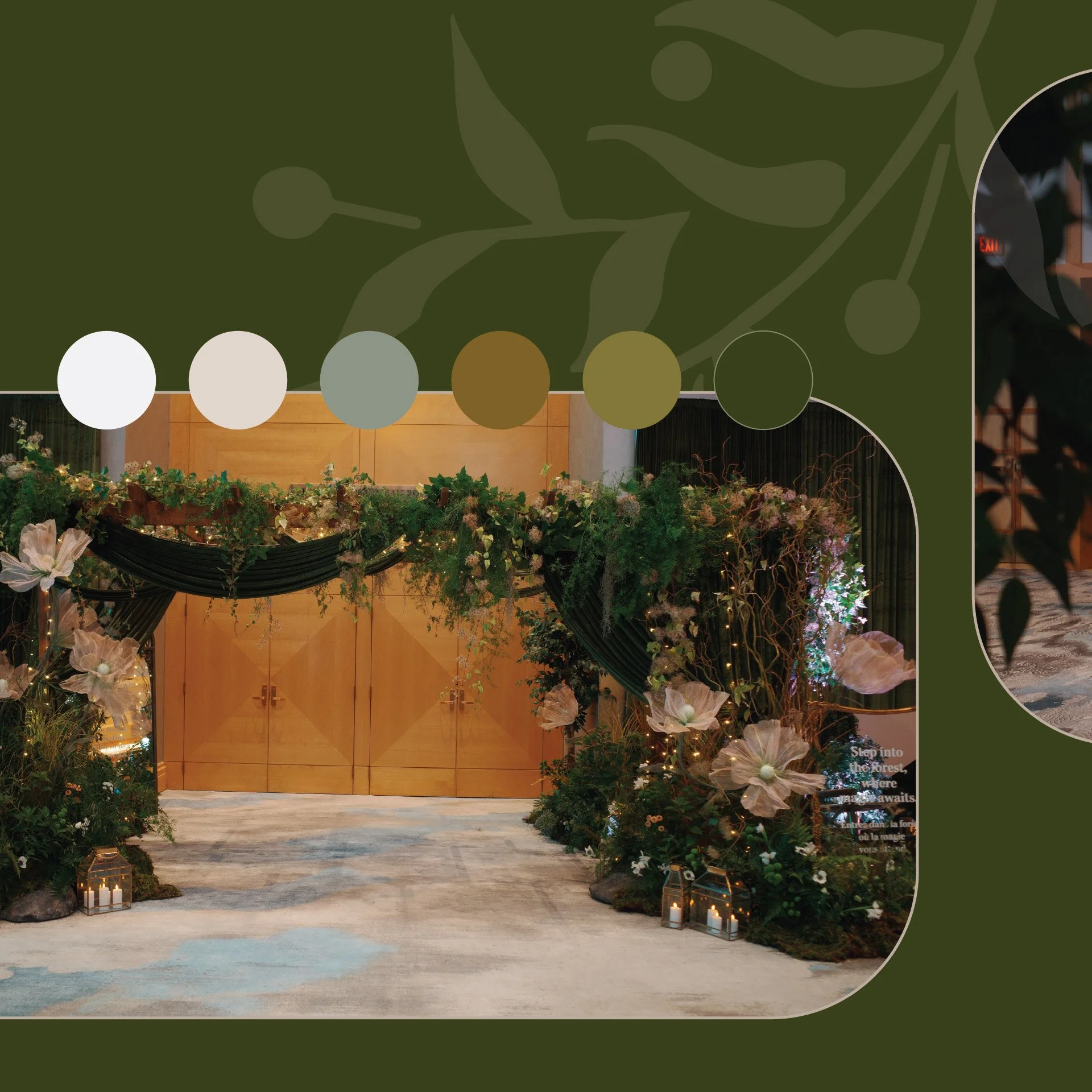 Interior design mood board with green velvet curtains, a chandelier, vintage chairs, a framed deer head, and ornate furniture in a dark, luxurious style.