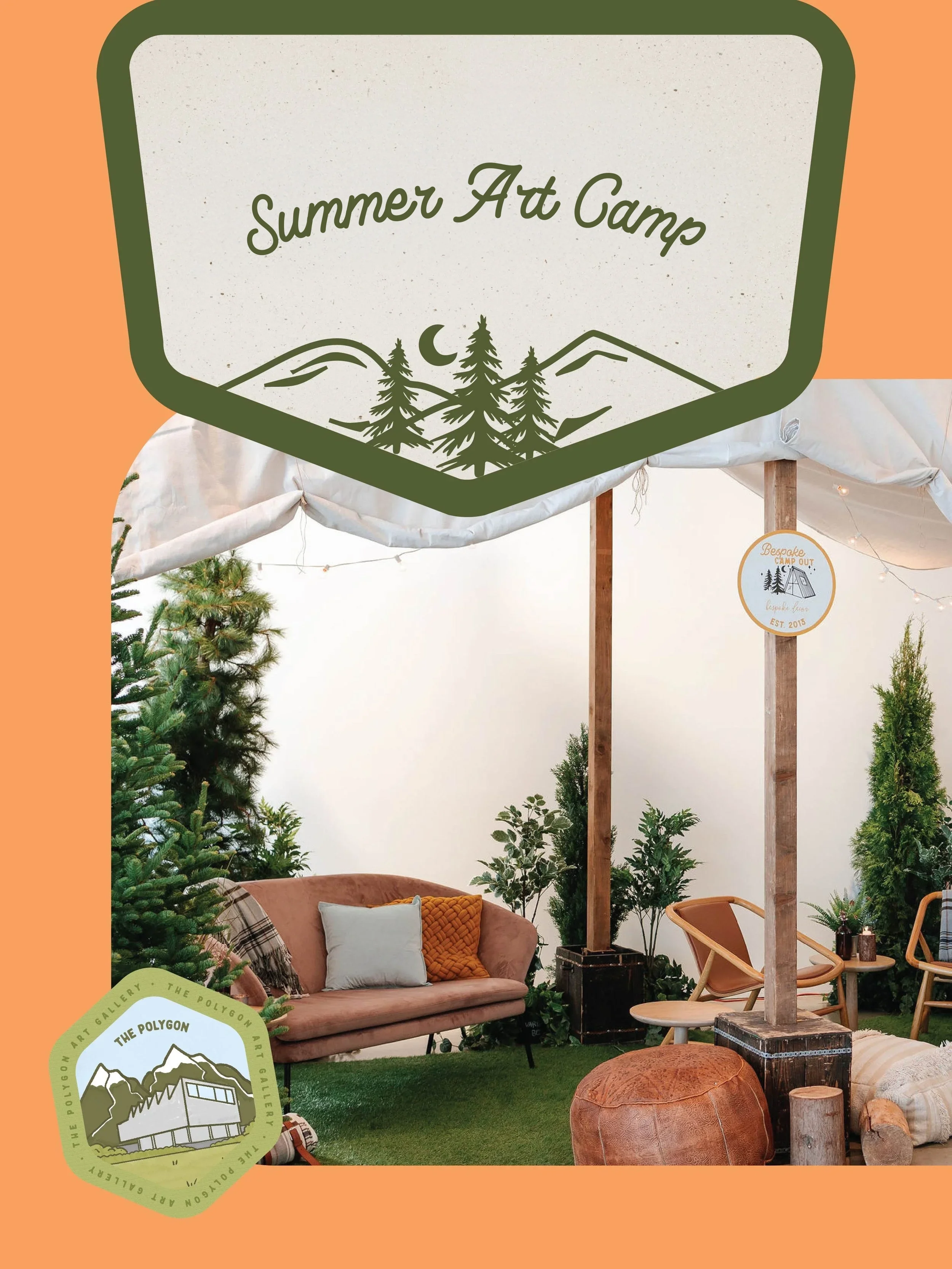 Interior of a cozy tent with a pink sofa, trees, wooden beams, and decorative pillows, part of Polygon Art Camp branding.