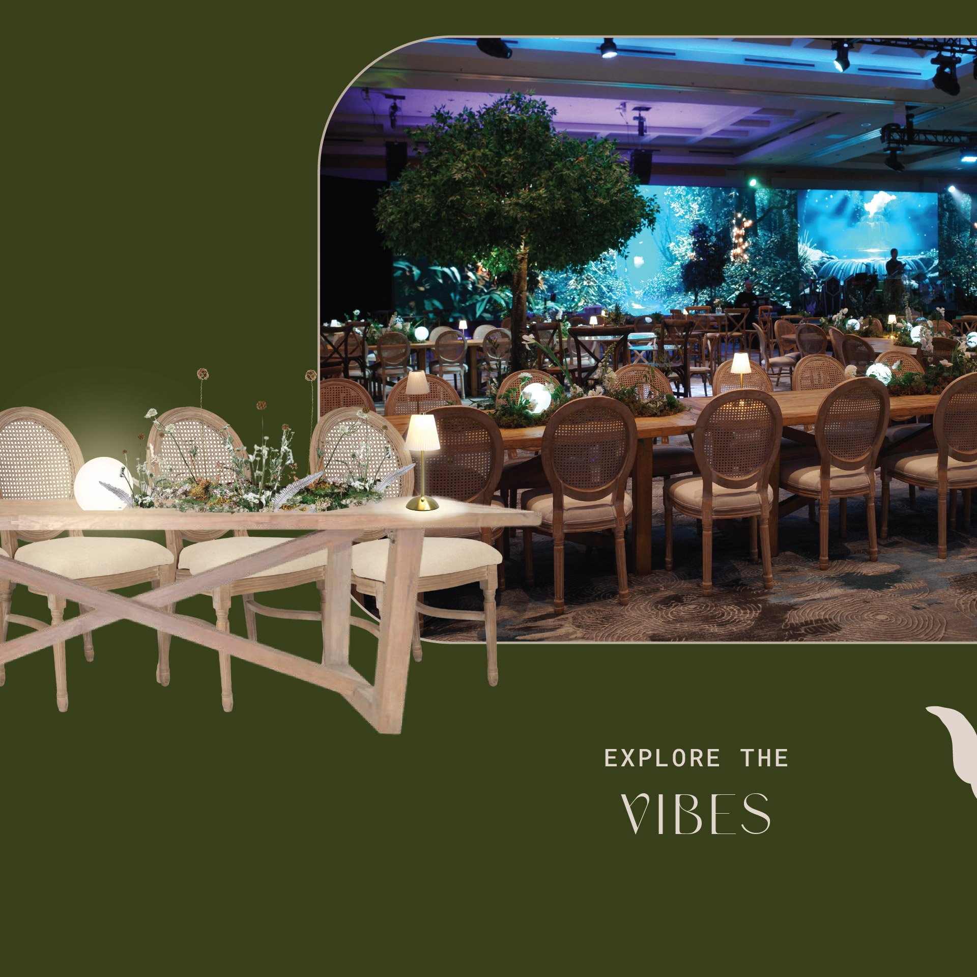 Display of vintage glassware and jewelry on a dark green velvet table with dark green curtains and gold accents in the background.