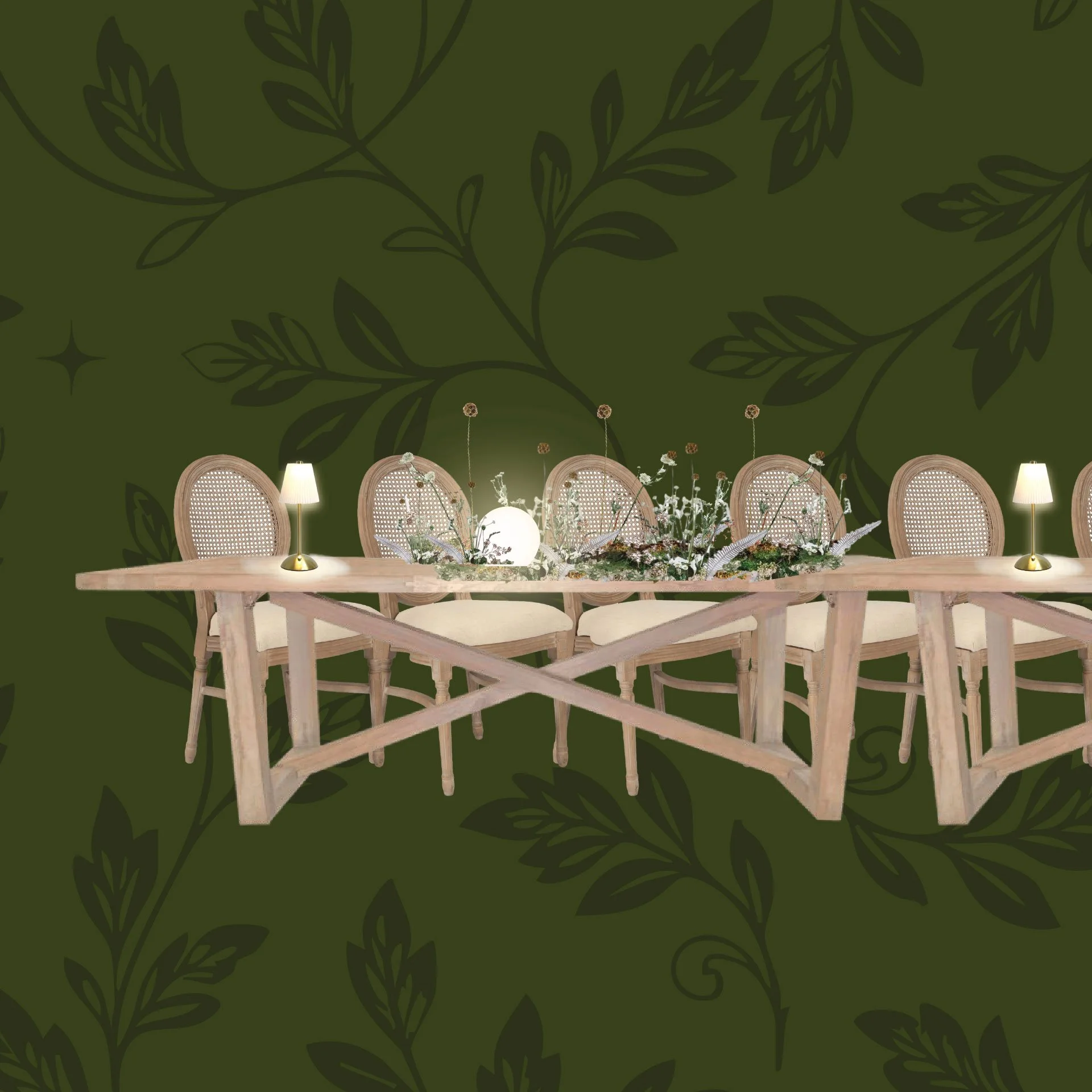 Decorative bar setup with green curtains, a chandelier, and framed art, featuring gold and crystal accents, and a golden phrase on a mirror that reads 'you better not kill the groove.'