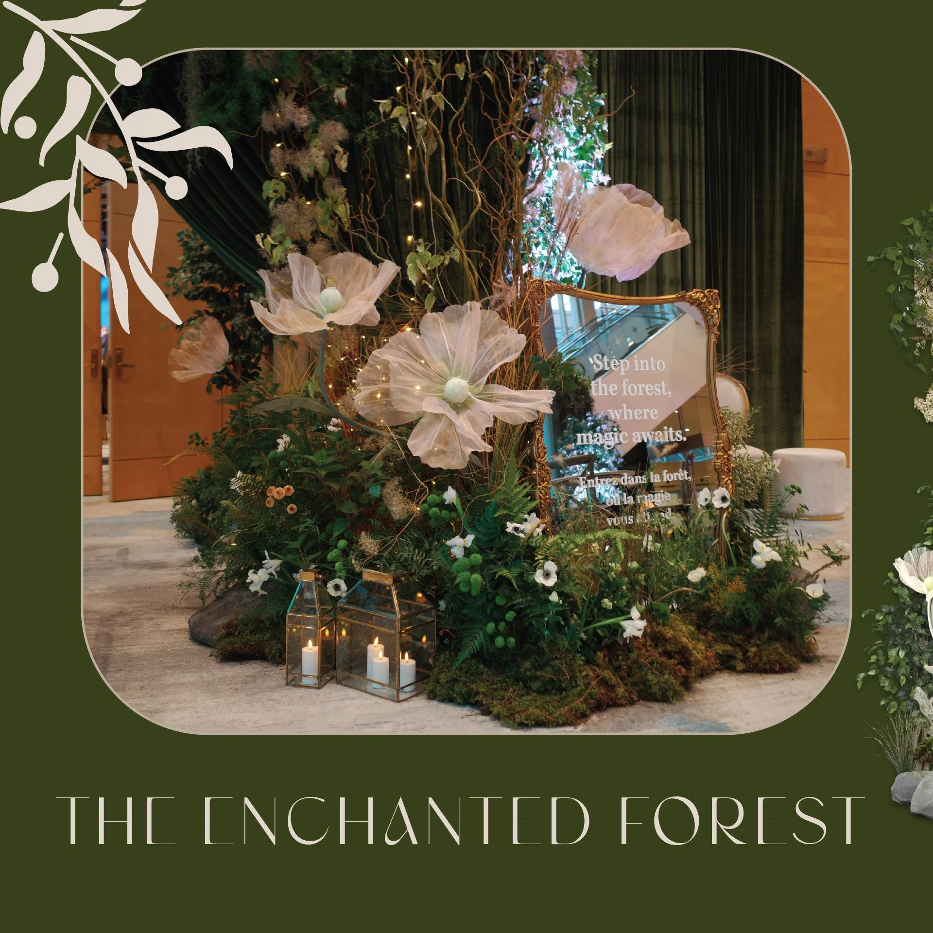 Decorative interior with vintage furniture, dark velvet curtains, framed artwork including a deer head, a stack of books, candles, and flowers, with a navy blue border and gold ornamental accents, titled 'The Wallace Industry Inustrey Night'.