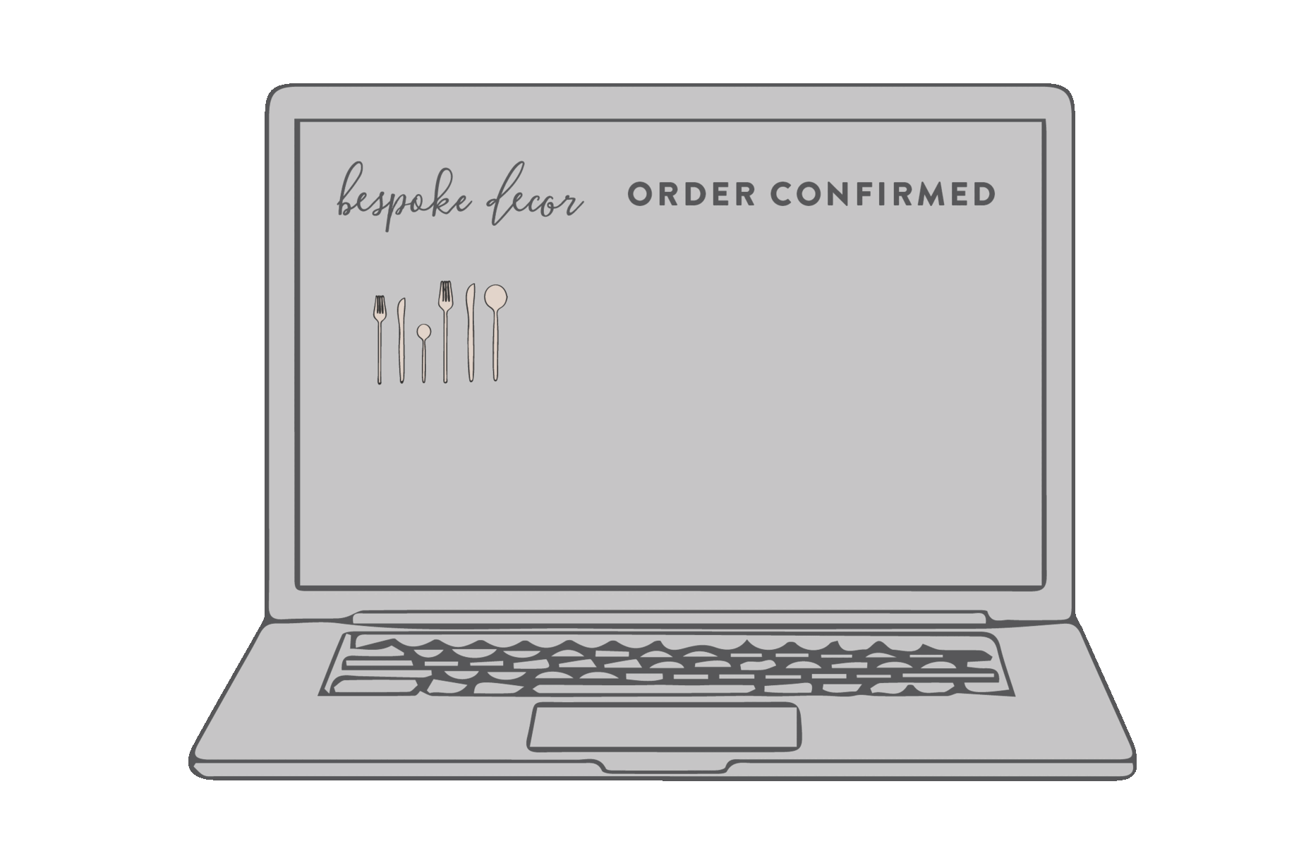 A laptop screen displays the words 'bespoke decor' and 'ORDER CONFIRMED,' along with an illustration of various cutlery items, including forks, knives, and spoons.