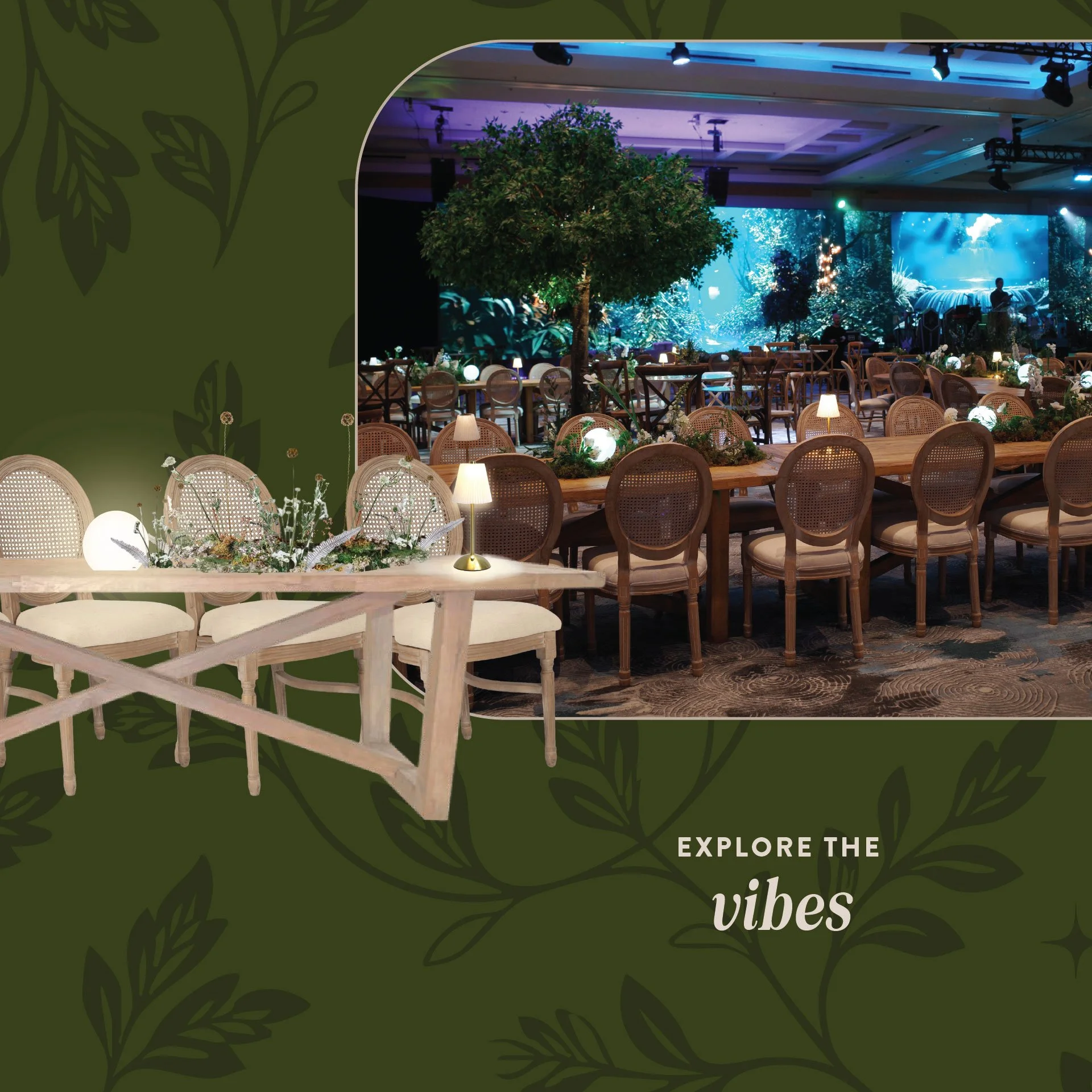 Display of vintage glassware and jewelry on a dark green velvet table with dark green curtains and gold accents in the background.