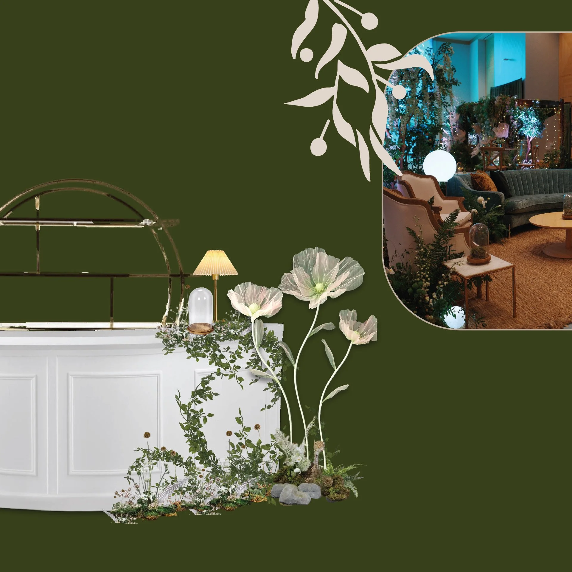 A vintage styled room with a book titled 'The History of Bespoke' Volume III, surrounded by pink tulips, a lit red candle, and antique decor including a clock, glass bottles, books, and a framed mirror, all set against dark green curtains.