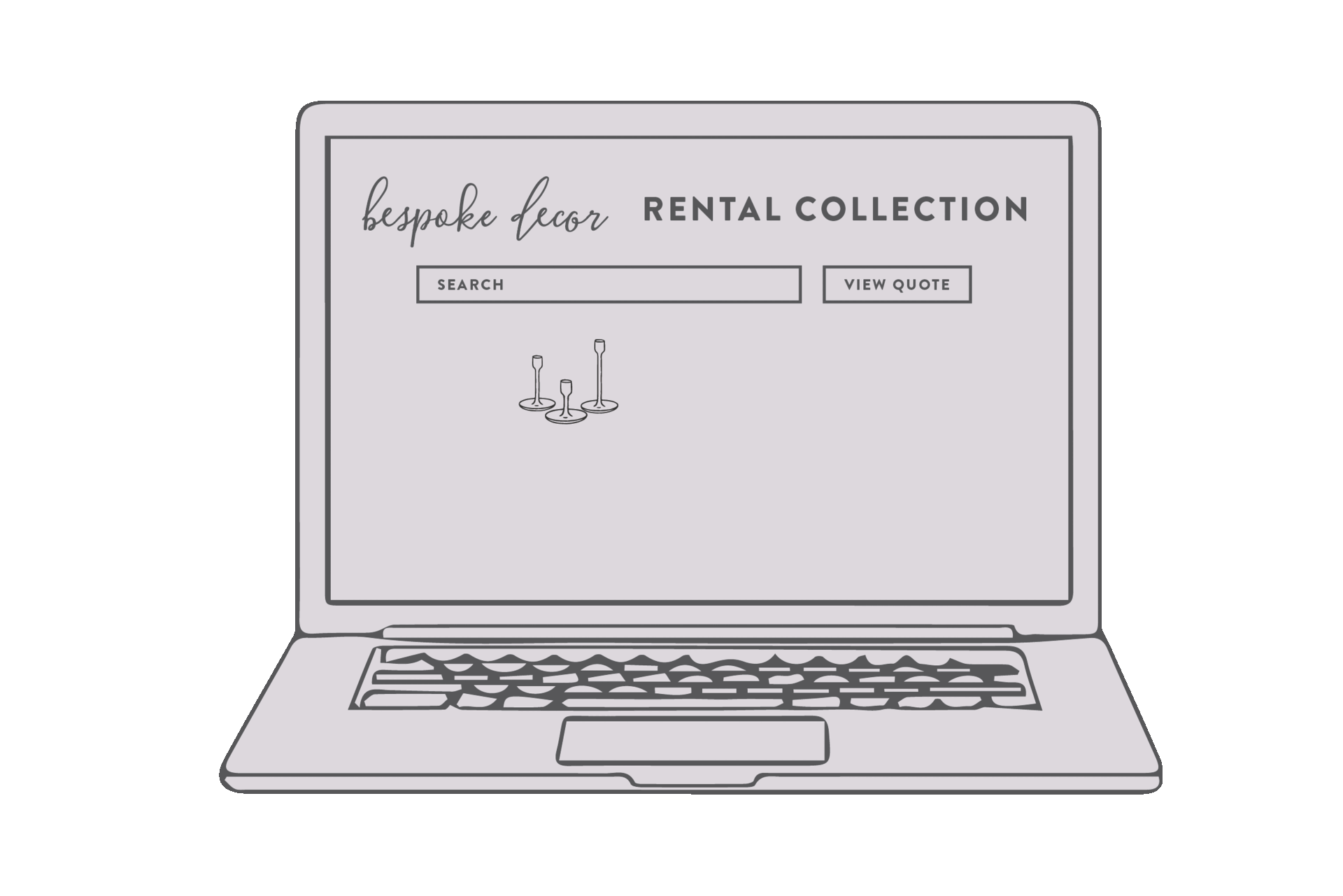 Line drawing of a laptop screen displaying a website for a rental decor collection with a search bar, view quote button, and candle illustrations.