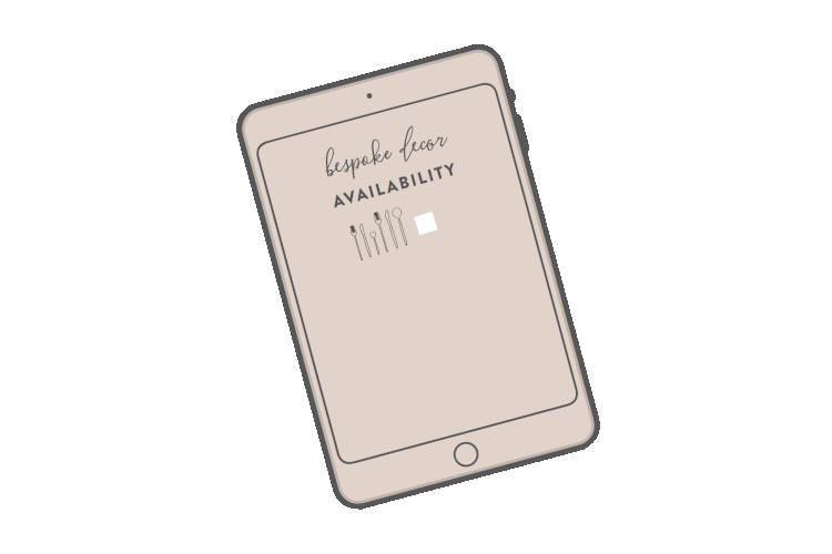 A smartphone screen displays a message from "bespoke decor" showing availability for cutlery, with illustrations of a fork, knife, and spoon.