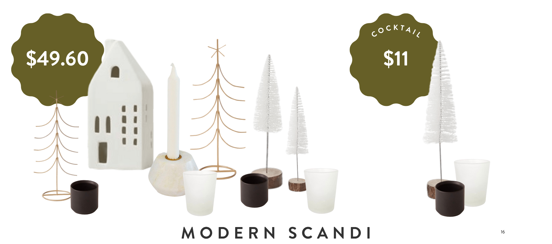 Decorative items for home or event setting, including white ceramic house, candleholders with candles, small white cups, and small trees, with prices labeled at $49.60 and $11.