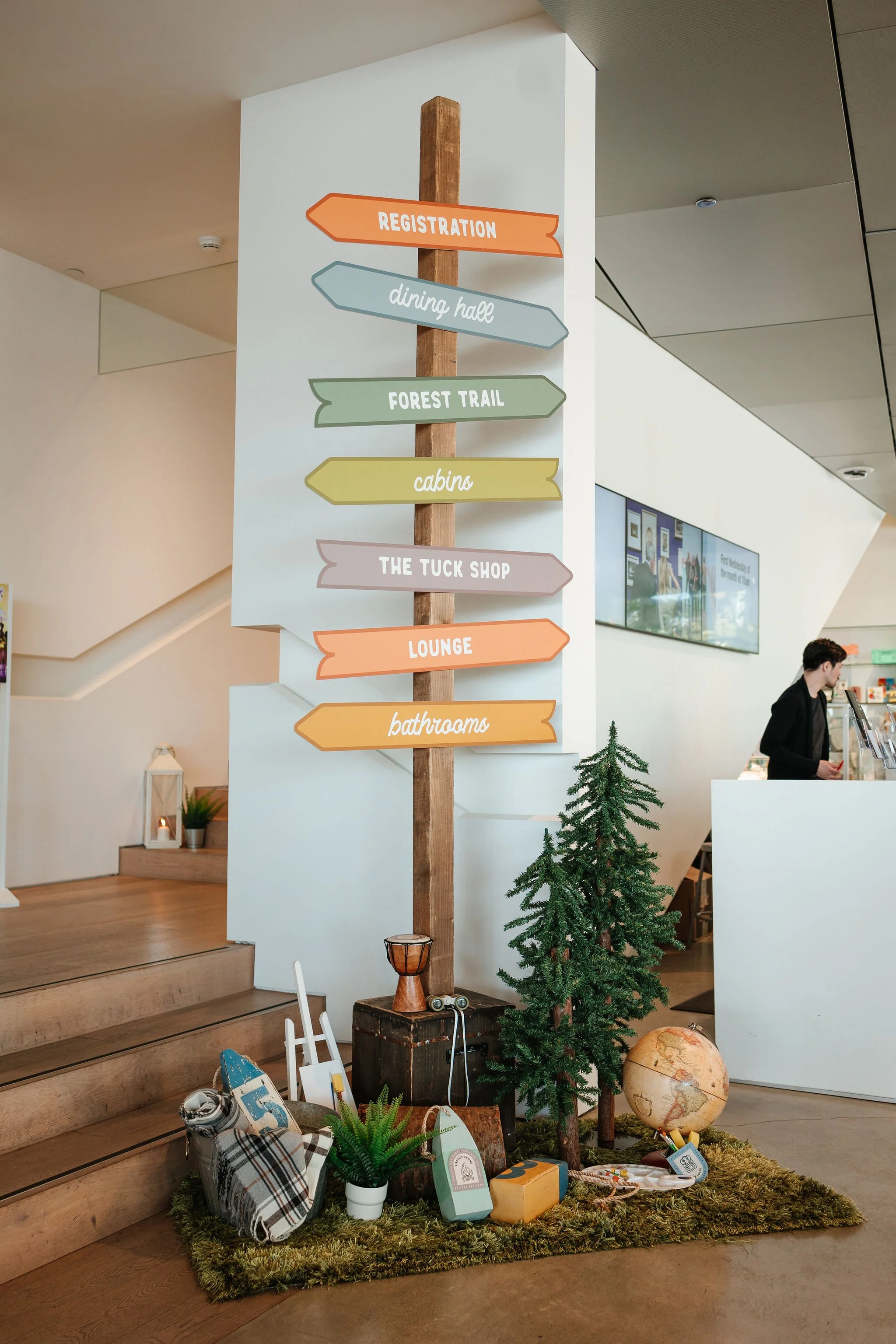 A colorful directional signpost in a modern indoor space with a miniature artificial tree, globe, and travel-themed decorations at the base, pointing to various locations such as registration, dining hall, forest trail, cabins, the tuck shop, lounge,