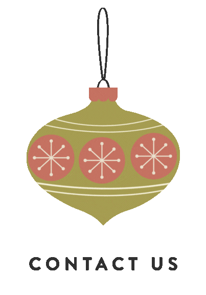 Green Christmas ornament with white snowflake designs and the words 'Contact Us' underneath.