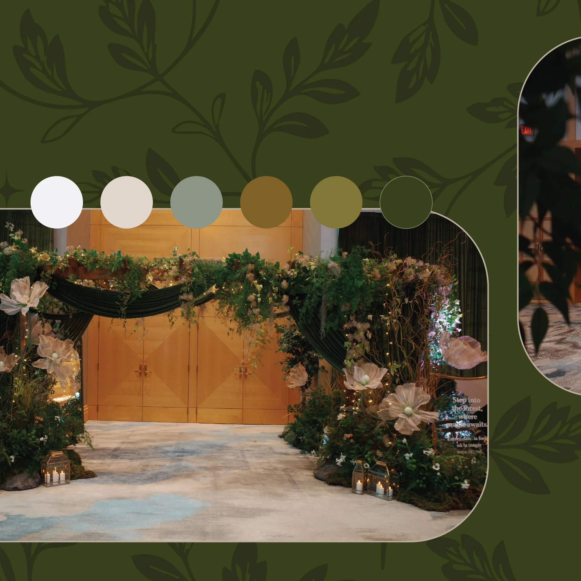 Interior design mood board with green velvet curtains, a chandelier, vintage chairs, a framed deer head, and ornate furniture in a dark, luxurious style.