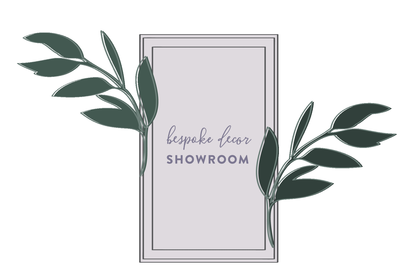 Design with greenery and a sign that reads 'bespoke decor SHOWROOM' in elegant and bold fonts.