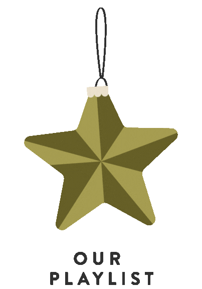 Green star-shaped Christmas ornament hanging from a black string with a white clamp at the top against an olive green background, with the words 'Our Playlist' below.