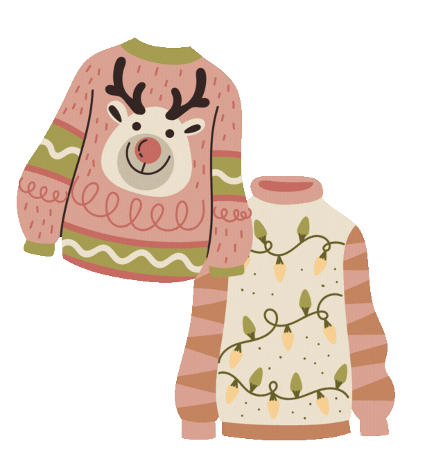 A festive sweater with a reindeer face and Christmas lights design