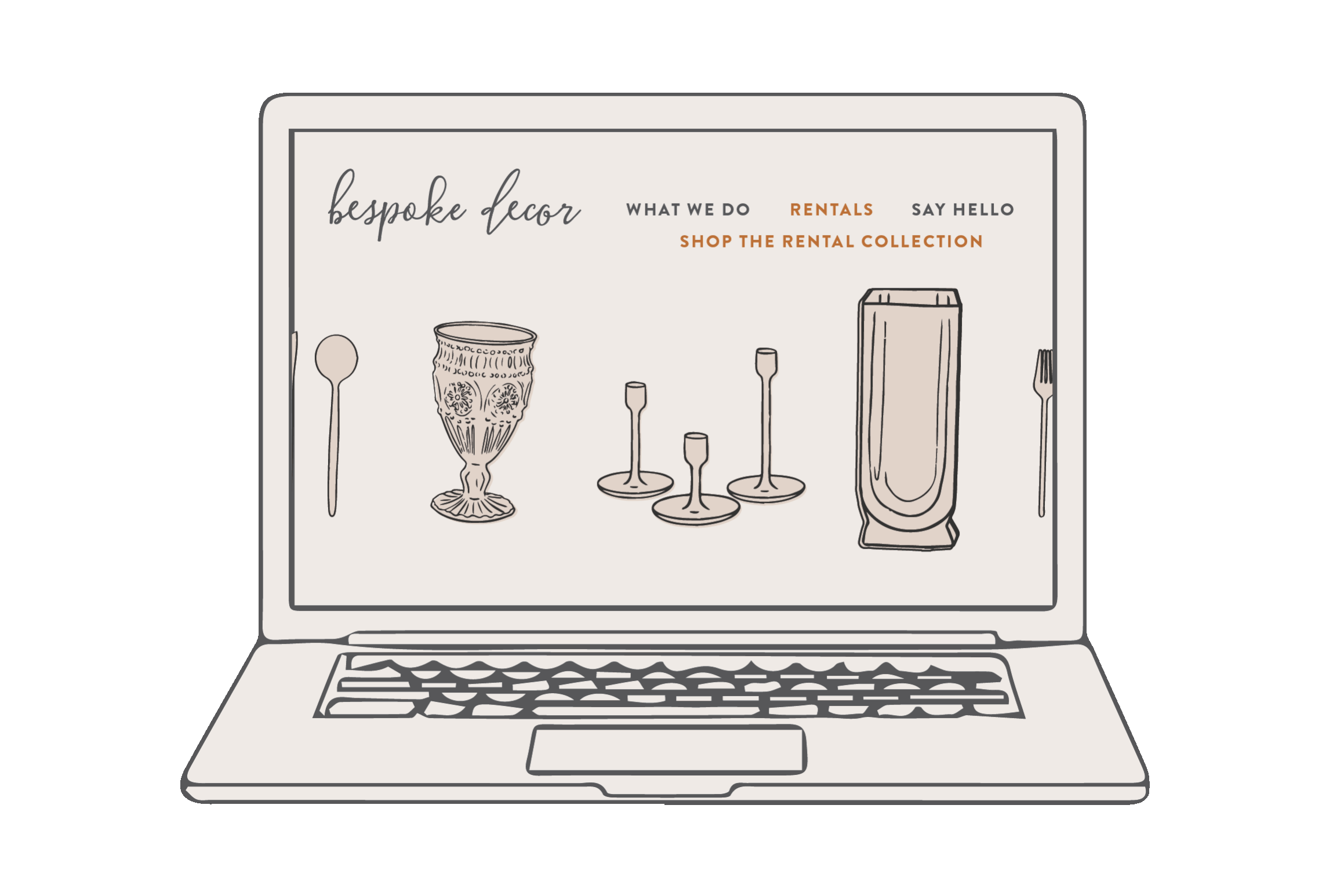 Illustration of a laptop screen displaying a website for bespoke decor, with menu options and sketches of decorative glassware and tableware.