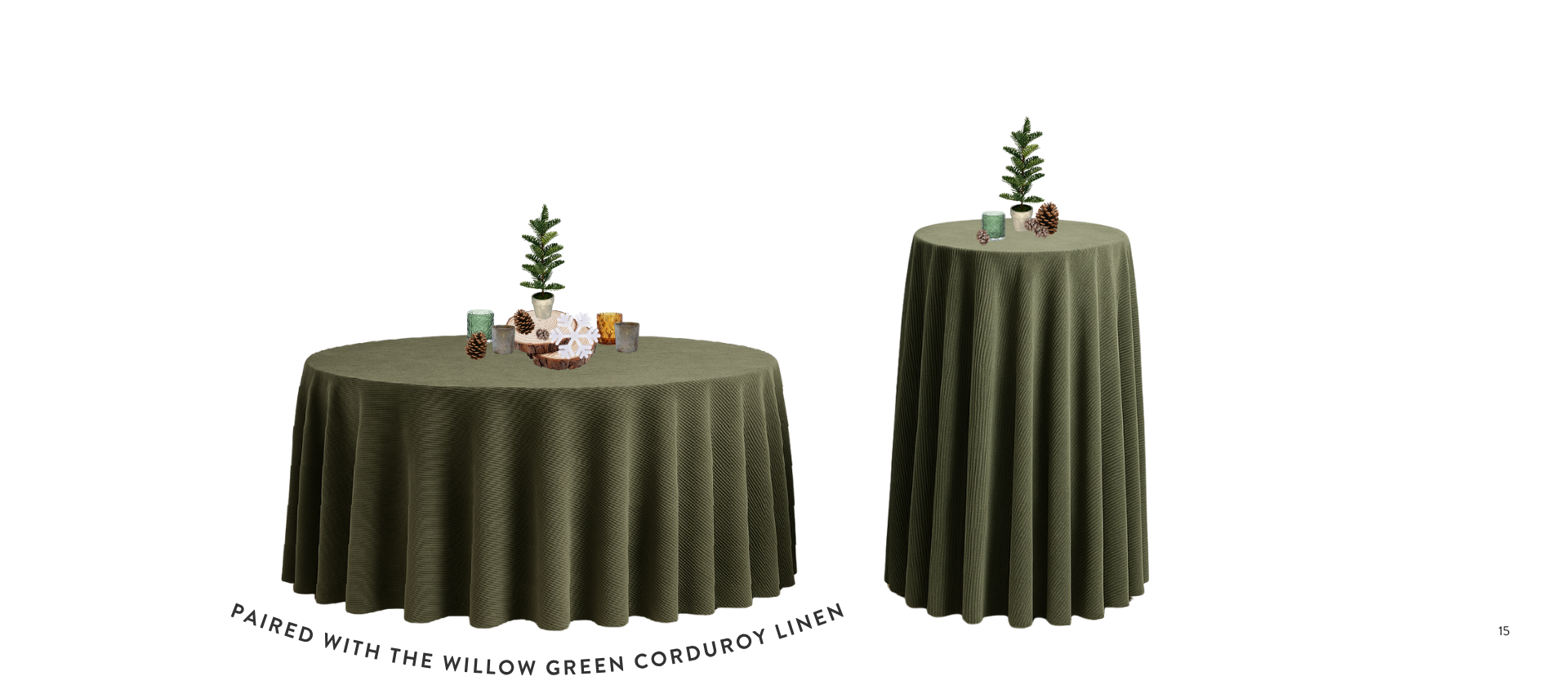 Two round tables covered with green tablecloths, decorated with small potted pine trees, pinecones, candles, and holiday ornaments for Christmas.