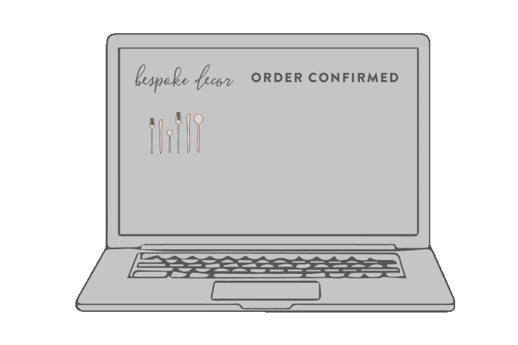 Laptop screen displaying an order confirmation for bespoke decor with a graphic of five utensils.
