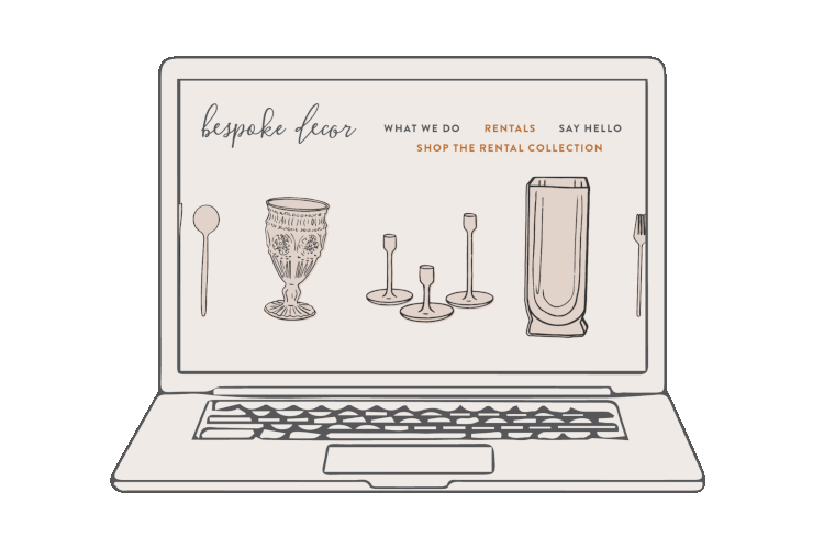 Laptop displaying a website for 'Bespoke Decor' with options for rentals, showing illustrations of a spoon, a decorative glass, three candlesticks, a tall vase, and a fork.