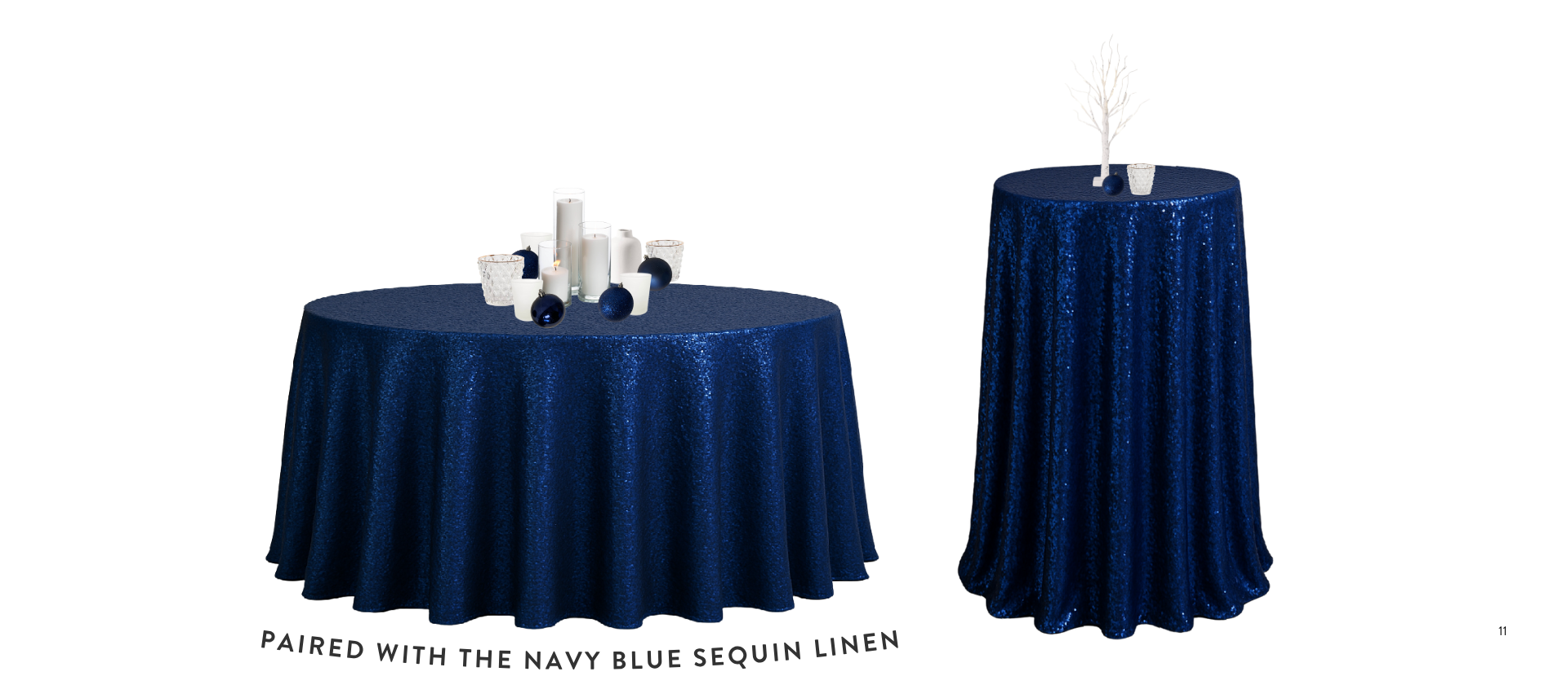 Two tables draped with blue sequin tablecloths, decorated with candles and ornaments, and a white decorative tree on the smaller table.