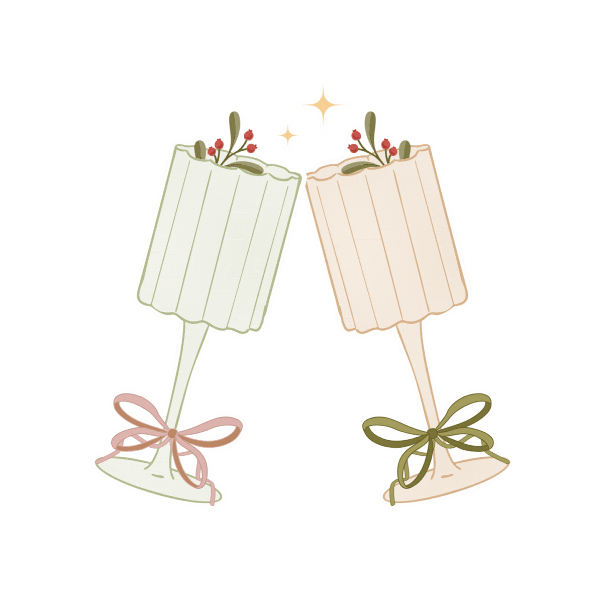 Two champagne flutes with floral accents clink together, with sparkle effects above, on a green background.