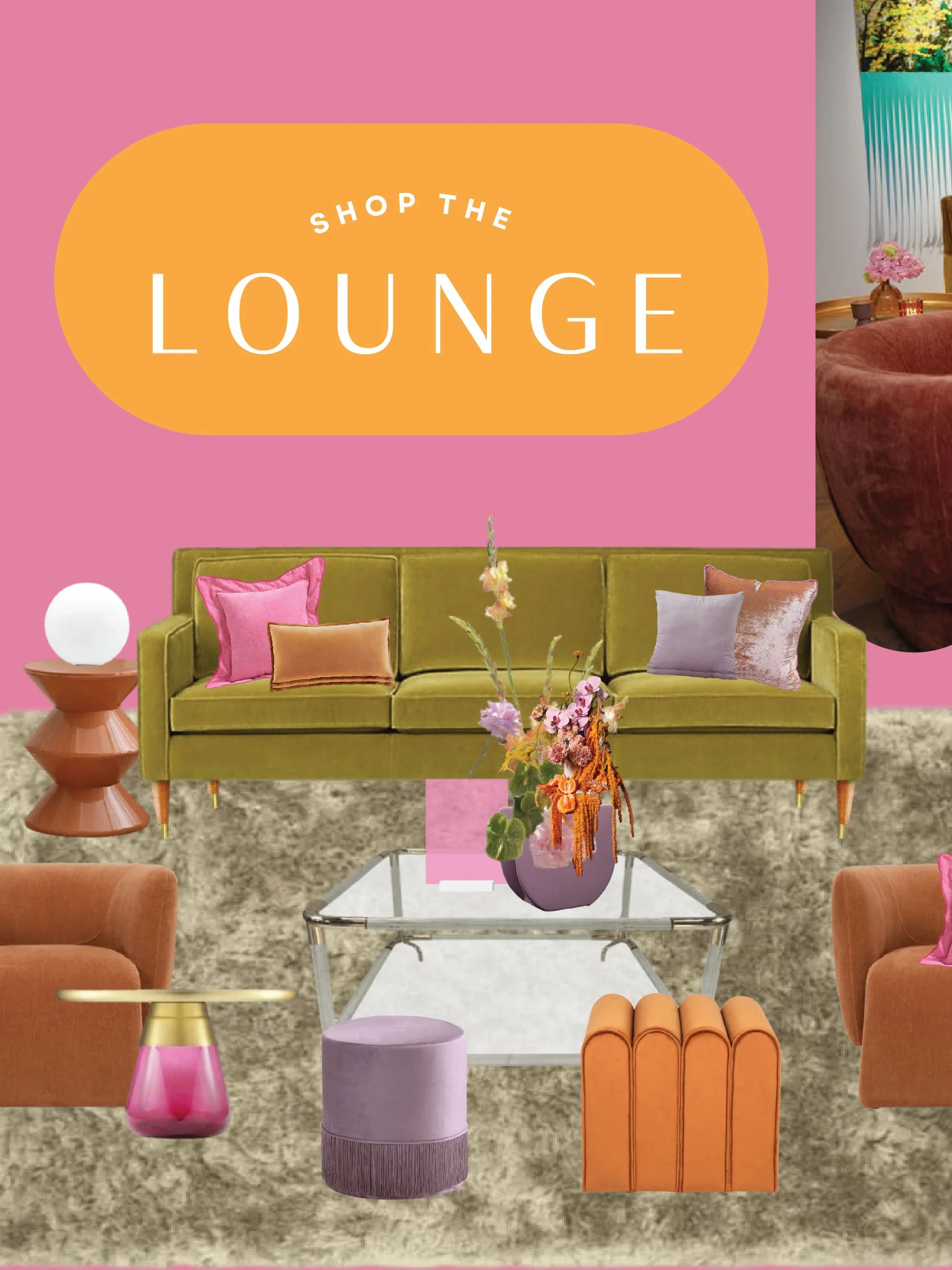 Vintage-style lounge with velvet green curtains, antique framed artwork, crystal chandelier, plush sofas with pillows, globe, vintage suitcases, and side tables.