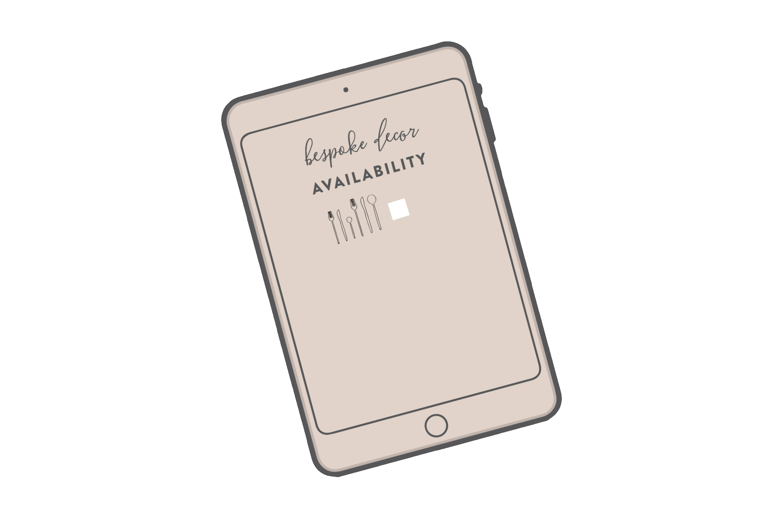 A mobile phone screen displaying a menu for 'bespoke decor' with the word 'AVAILABILITY' and icons of cutlery indicating dining options, with one square indicating availability.