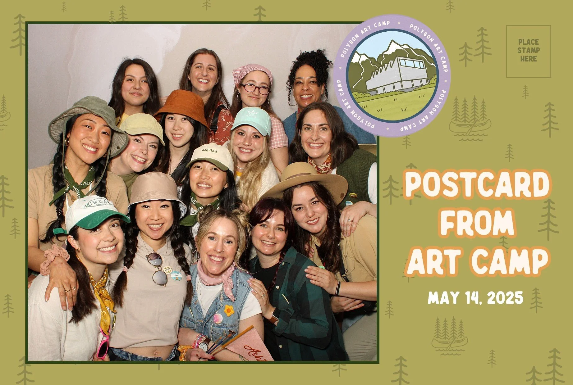Group of women smiling and posing for a photo at a summer art camp, with some wearing hats and accessories, against a neutral background. A graphic border includes trees and a lake, with texts that read 'Postcard from Art Camp,' date 'May 14, 2025,'