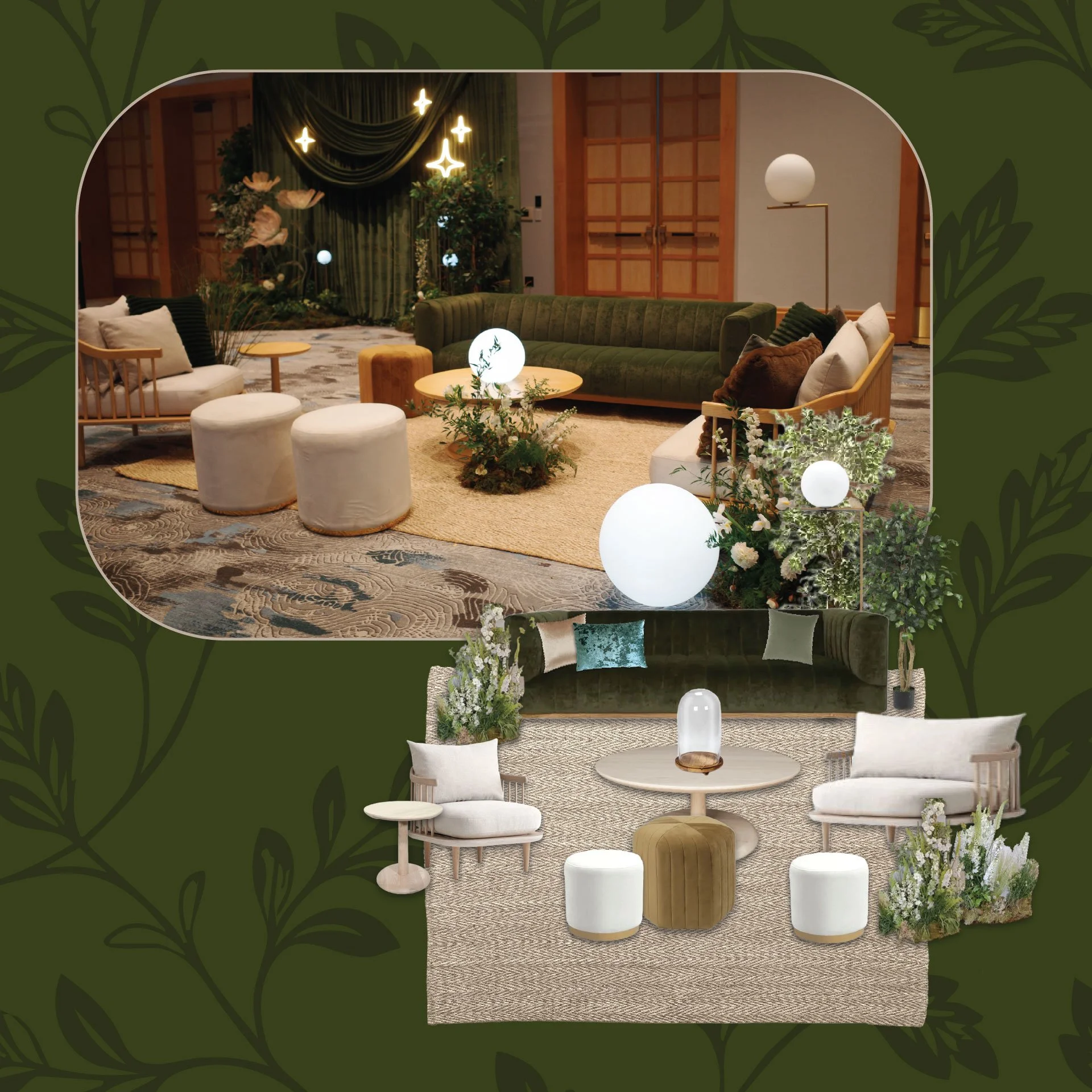 Elegant banquet table with dark green drapery, gold framing portraits, a chandelier, and appetizers including fruit on gold platters at a formal event.