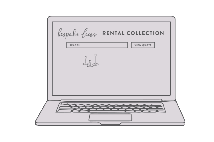 Illustration of an open laptop with a website displaying 'bespoke decor Rental Collection', a search bar, a 'View Quote' button, and a small candle holder icon.