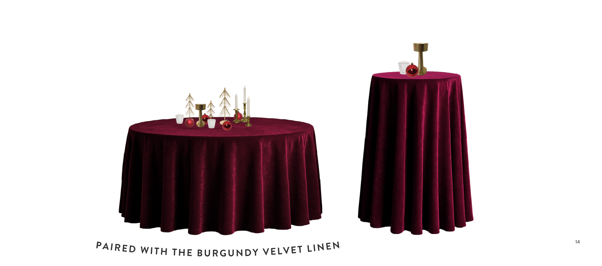 Two holiday-themed tables with red velvet tablecloths. The larger table is decorated with gold and red ornaments, gold candle holders, candles, and small trees. The smaller table has a gold and red ornament and a gold candle holder. The background is black.