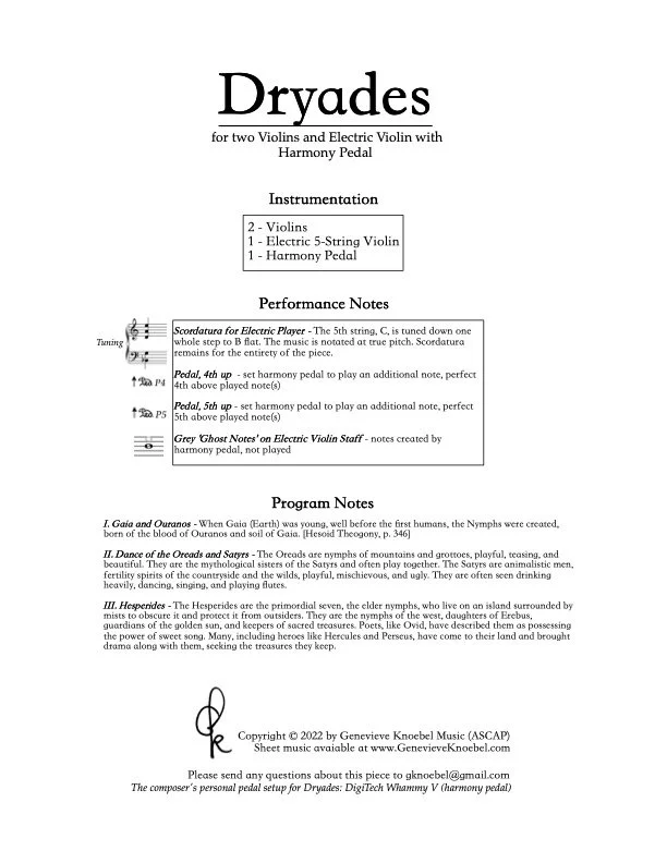 Dryades - for Electric String Trio, Harmony Pedal (2022)