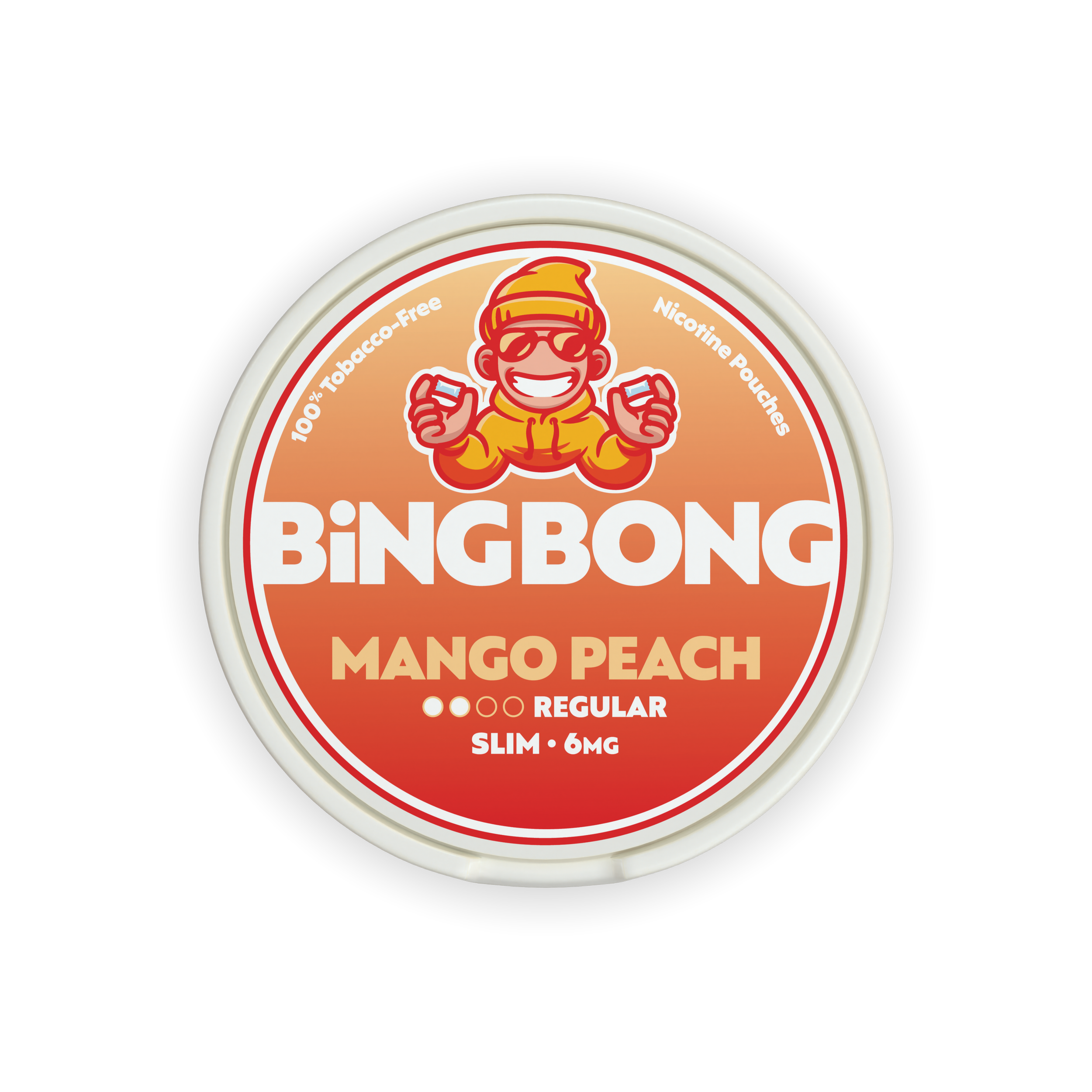 BiNGBONG MANGO PEACH nicotine pouches, 100% tobacco-free, MANGO PEACH flavor, regular strength, slim, 6mg.