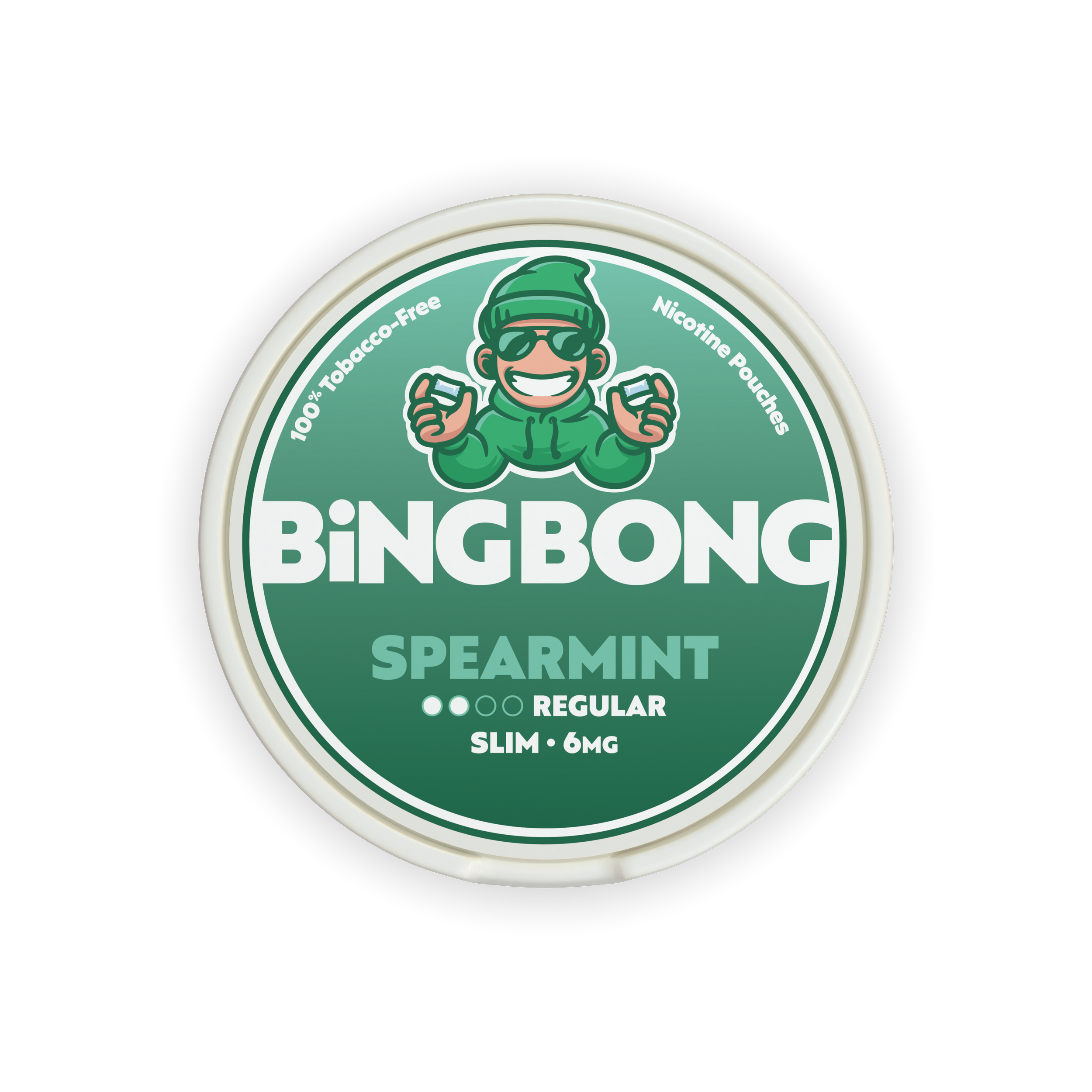 BiNGBONG SPEARMINT 6mg. 100% tobacco-free, nicotinic pouch, regular, slim size, and 6mg dosage.