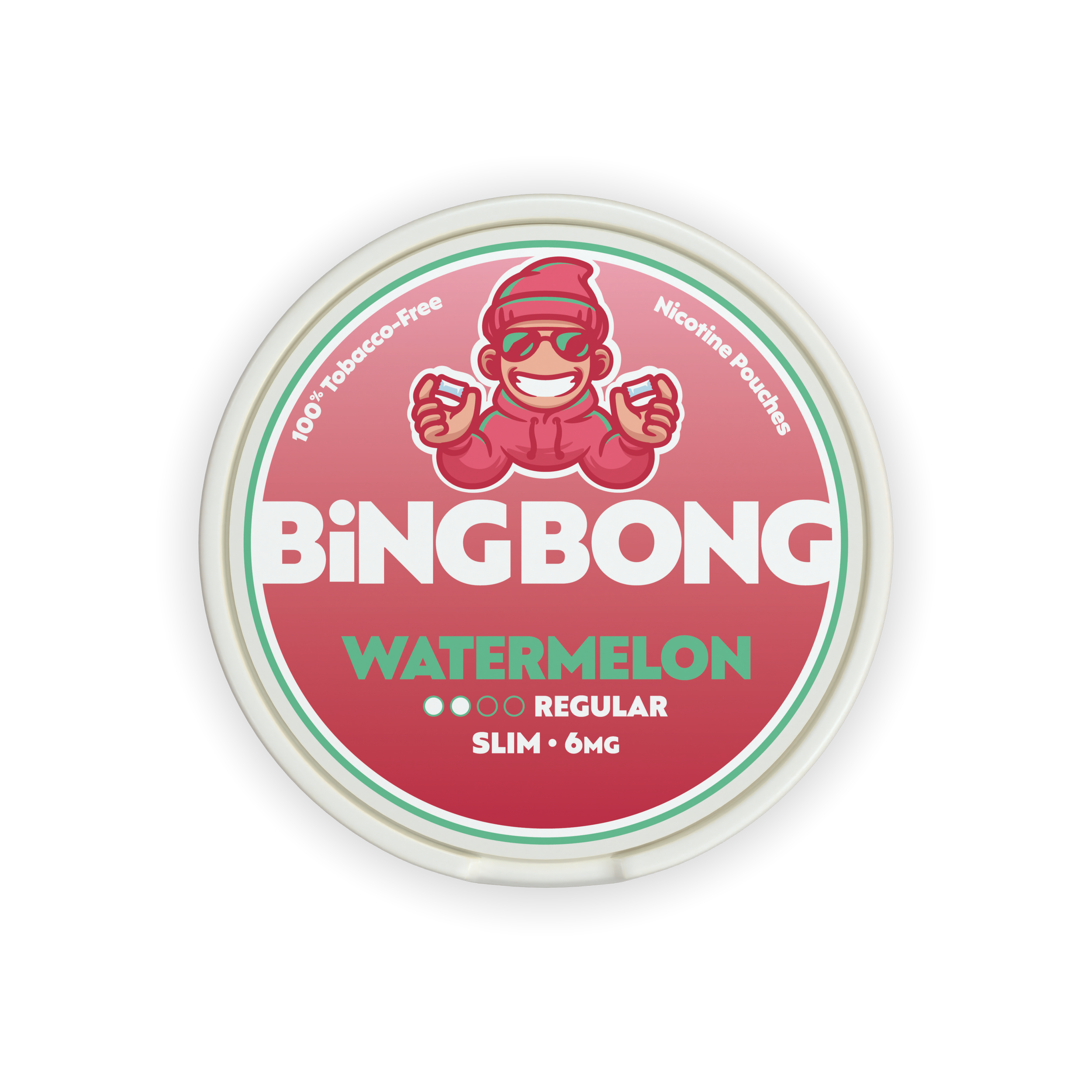 BiNGBONG WATERMELON nicotine pouches, 100% tobacco-free, contains 6 mg of nicotine per pouch, and is in regular, slim form.